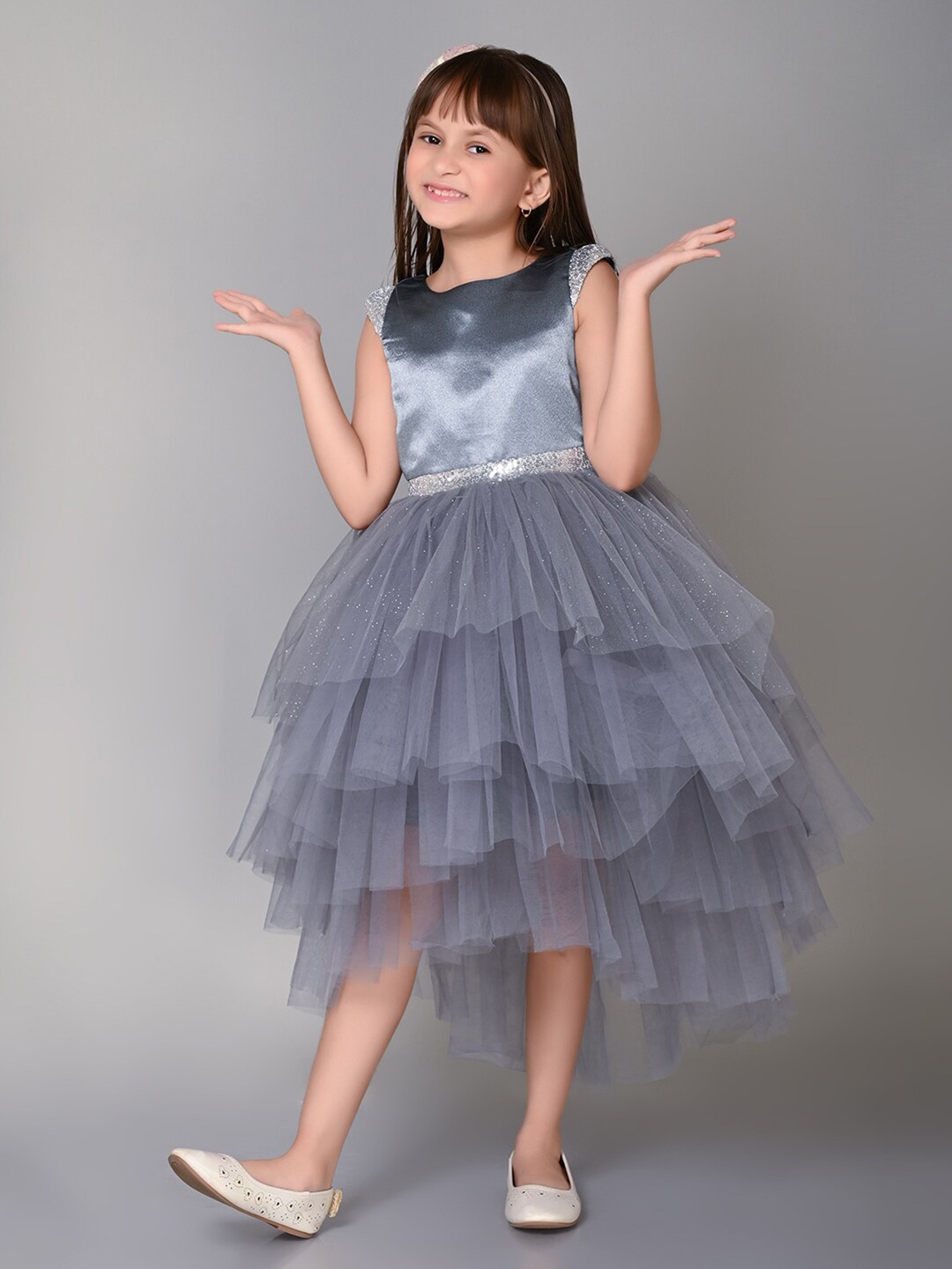 

Toy Balloon kids Girls Self Design Round Neck Fit & Flare Midi Dress, Grey