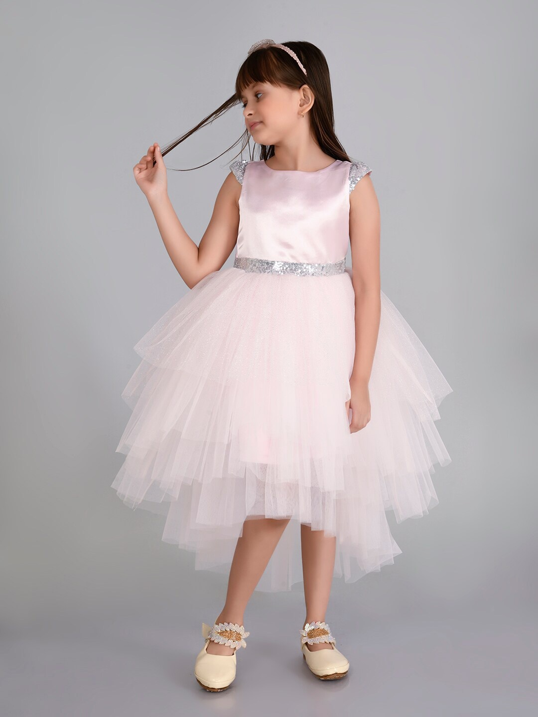 

Toy Balloon kids Girls Self Design Round Neck Fit & Flare Midi Dress, Pink