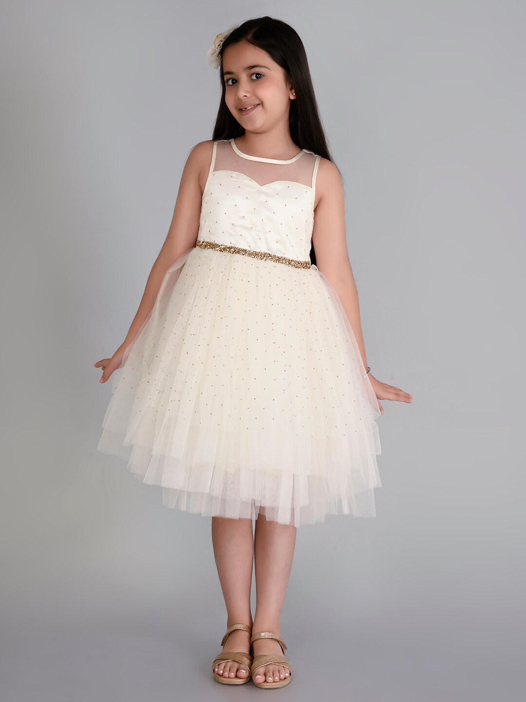 

Toy Balloon kids Girls Self Design Round Neck Fit & Flare Midi Dress, White