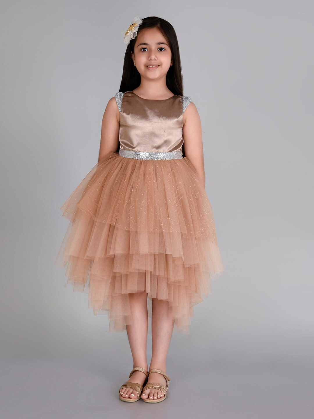 

Toy Balloon kids Girls Self Design Round Neck Fit & Flare Midi Dress, Brown