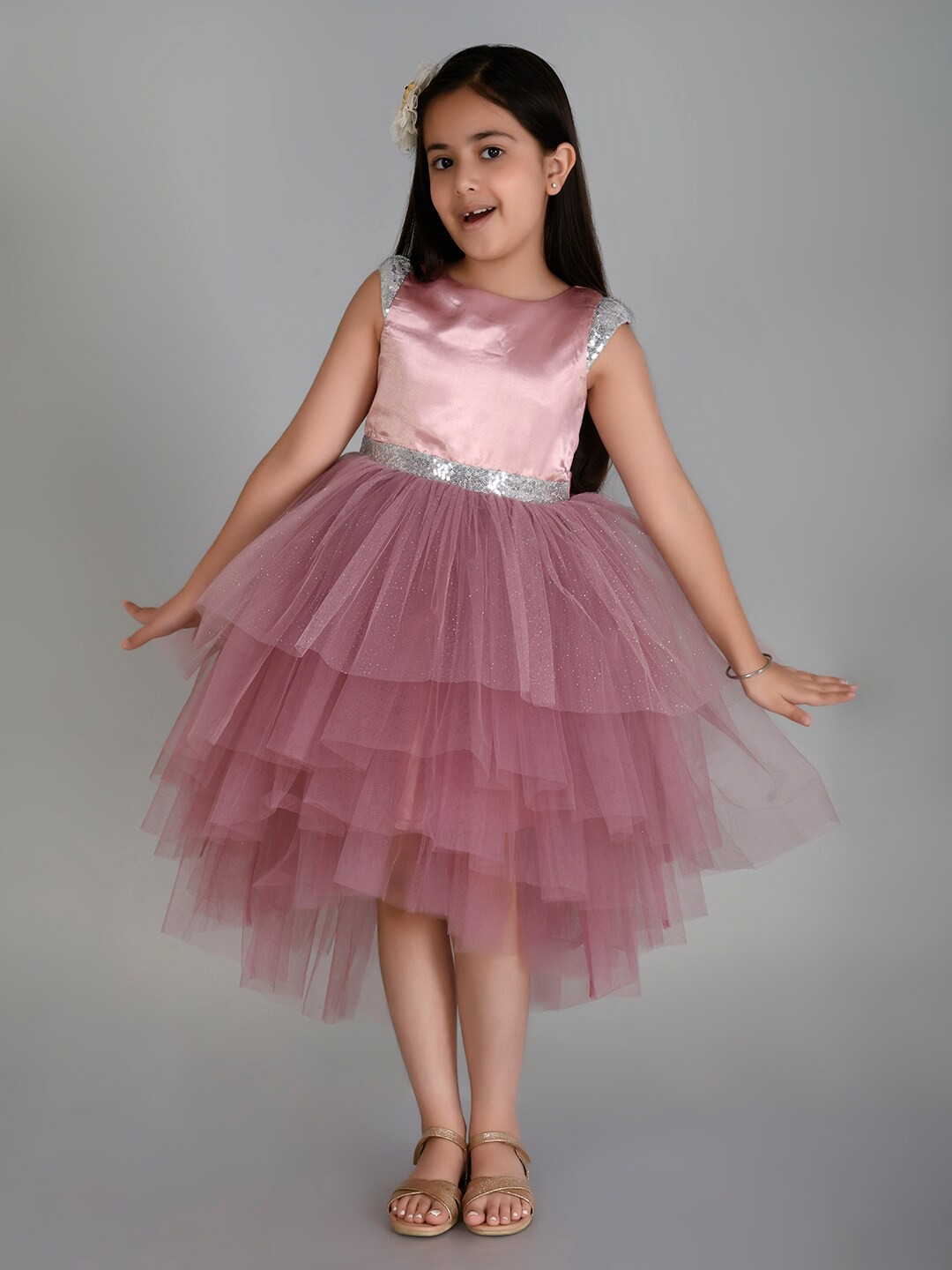 

Toy Balloon kids Girls Self Design Round Neck Fit & Flare Midi Dress, Pink