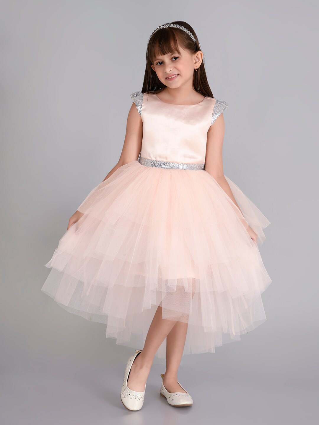 

Toy Balloon kids Girls Self Design Round Neck Fit & Flare Midi Dress, Peach