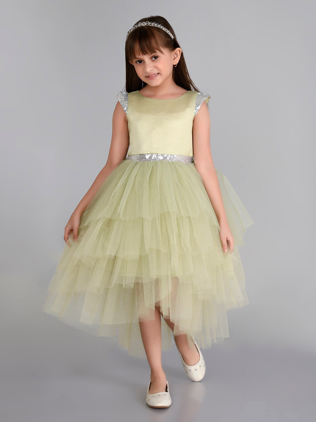 

Toy Balloon kids Girls Self Design Round Neck Fit & Flare Midi Dress, Green