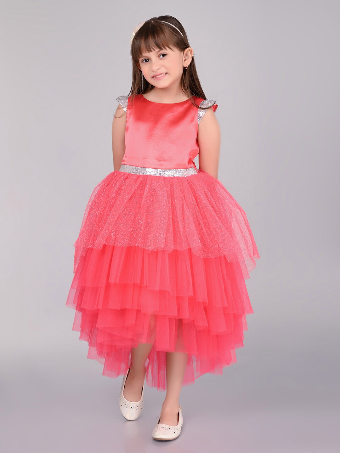 Toy Balloon kids Girls Self Design Round Neck Fit & Flare Midi Dress, Coral