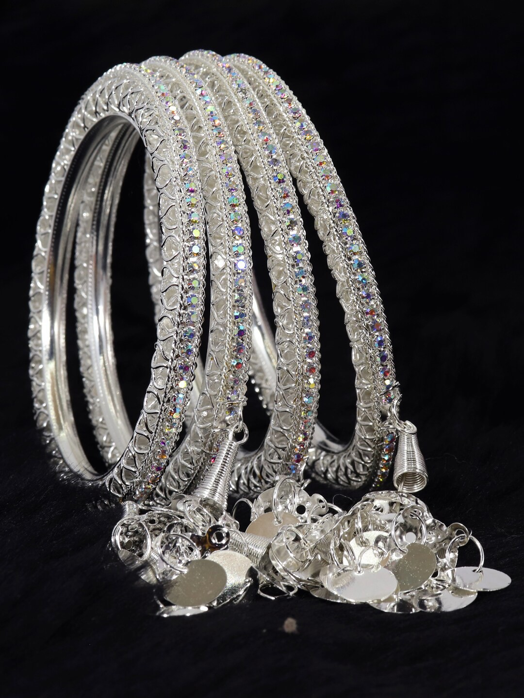 

NMII Set Of 4 Zircon Studded Latkan Bangles, Silver