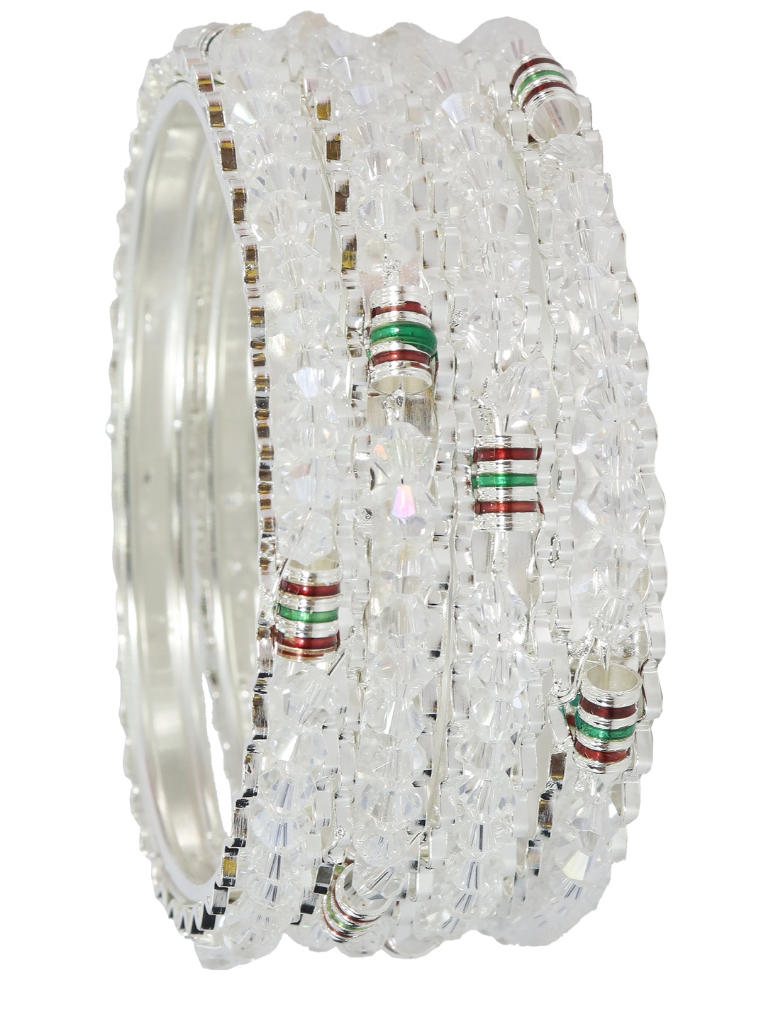 

NMII Set Of 4 Pearls-Studded & Beaded Bangles, Silver