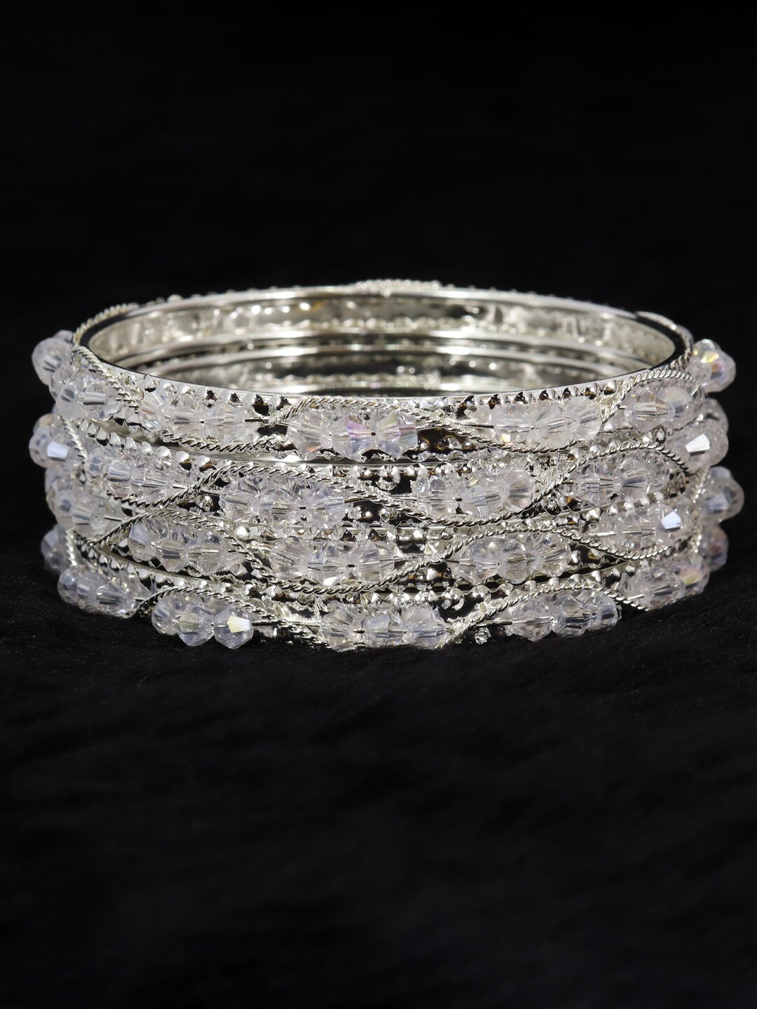 

NMII Set Of 4 Pearls-Studded Bangles, Silver