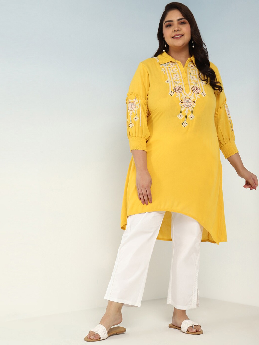 

Lakshita Plus Size Ethnic Motifs Yoke Design Thread Work A-Line Kurta, Yellow