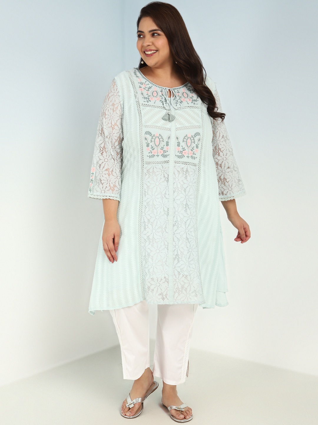 

Lakshita Floral Embroidered Tie-Up Neck A-Line Kurta, Blue