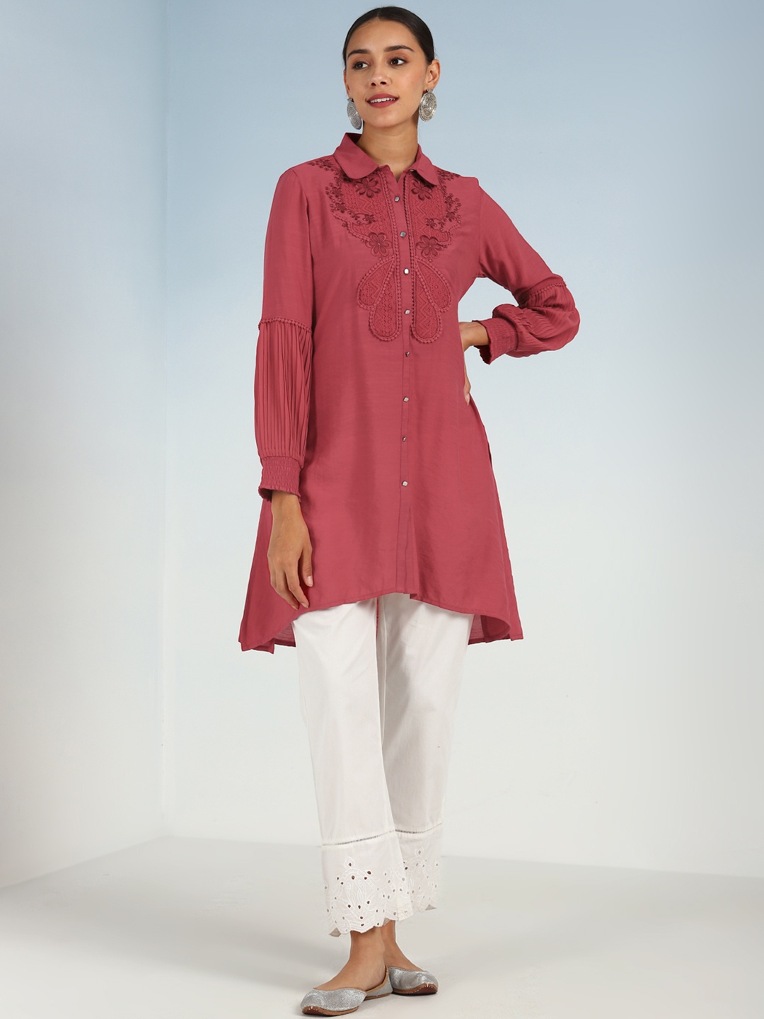 

Lakshita Shirt Collar Thread Work Detail Cuff Sleeve High-Low Hemline Kurta, Pink