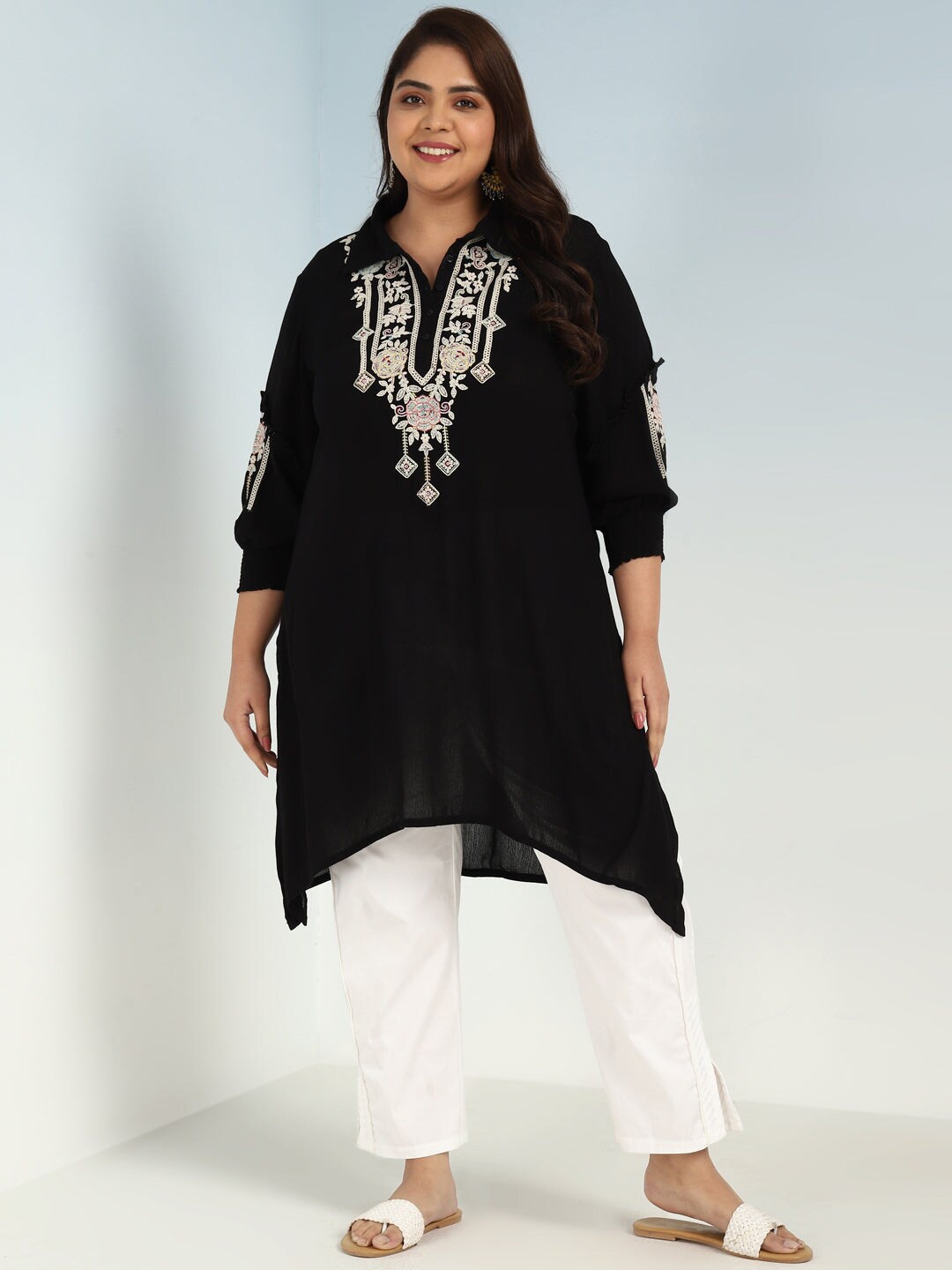 

Lakshita Ethnic Motifs Embroidered High-Low Shirt Collar A-Line Kurta, Black