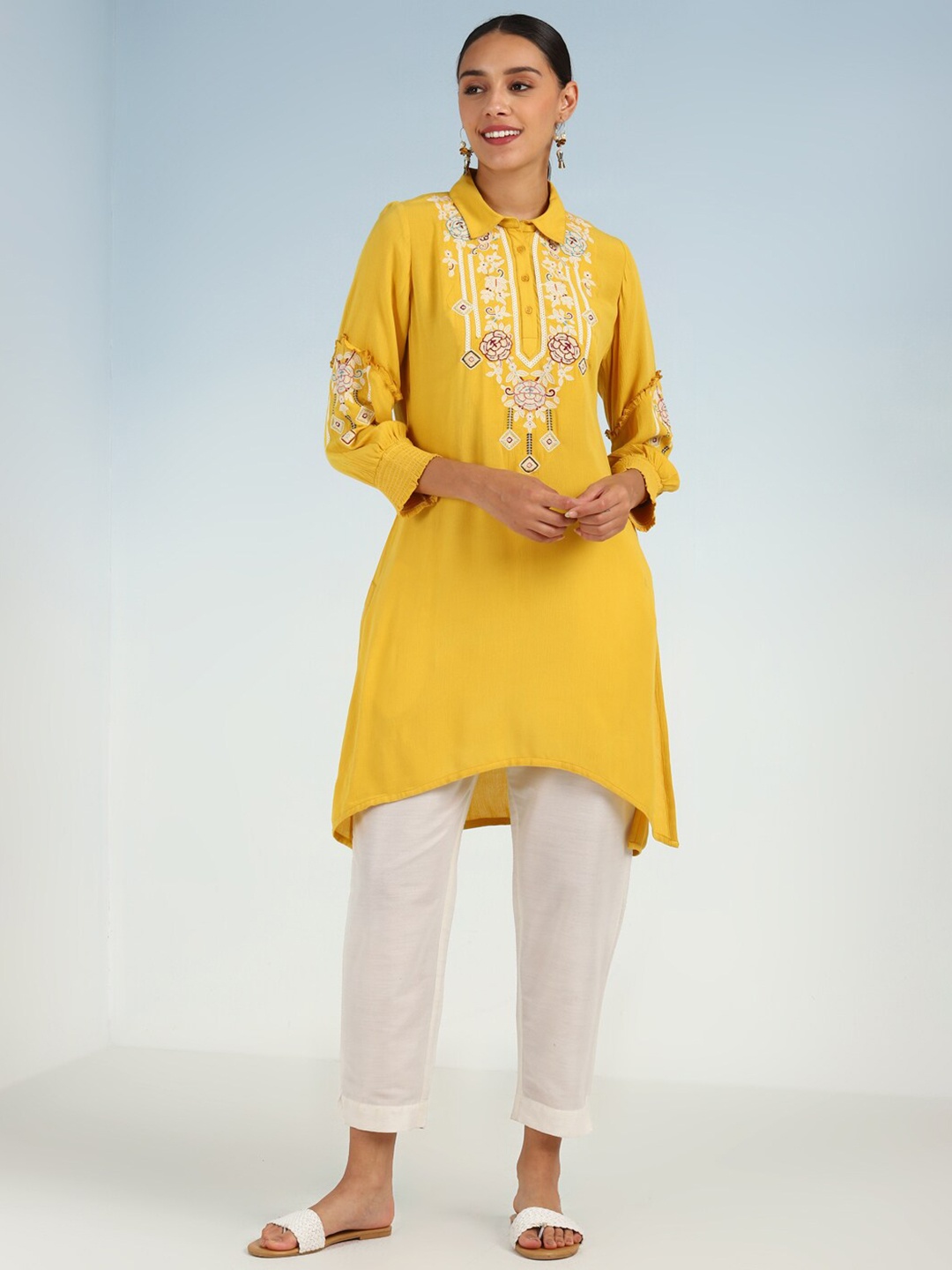 

Lakshita Ethnic Motifs Embroidered High-Low Shirt Collar A-Line Kurta, Yellow