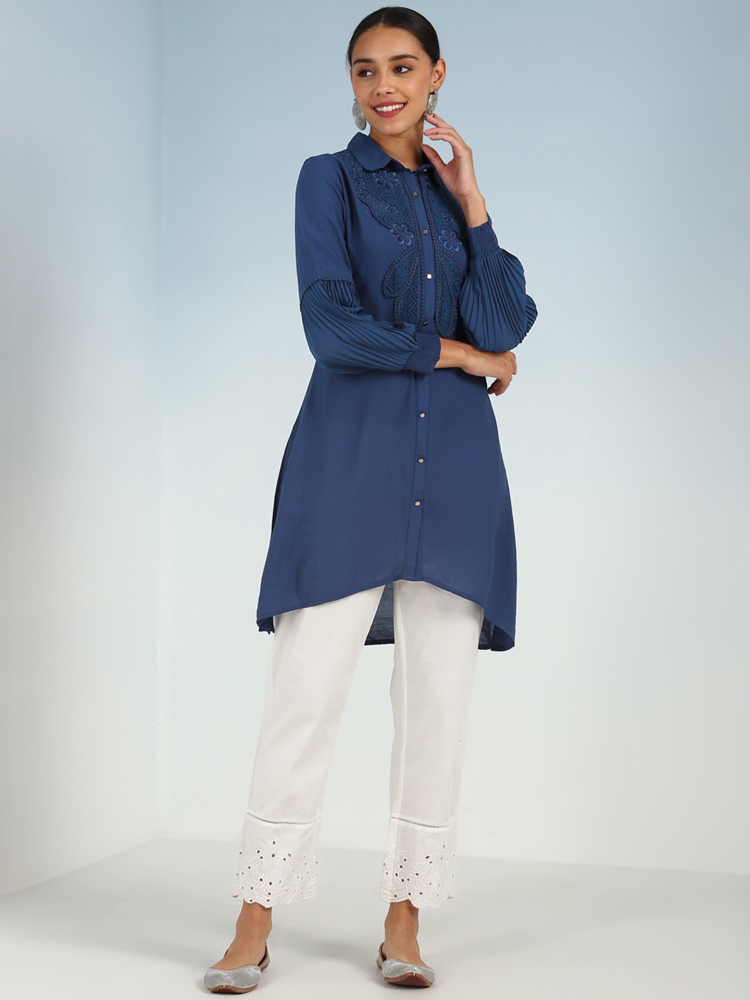 

Lakshita Ethnic Motifs Yoke Design Thread Work A-Line Kurta, Navy blue