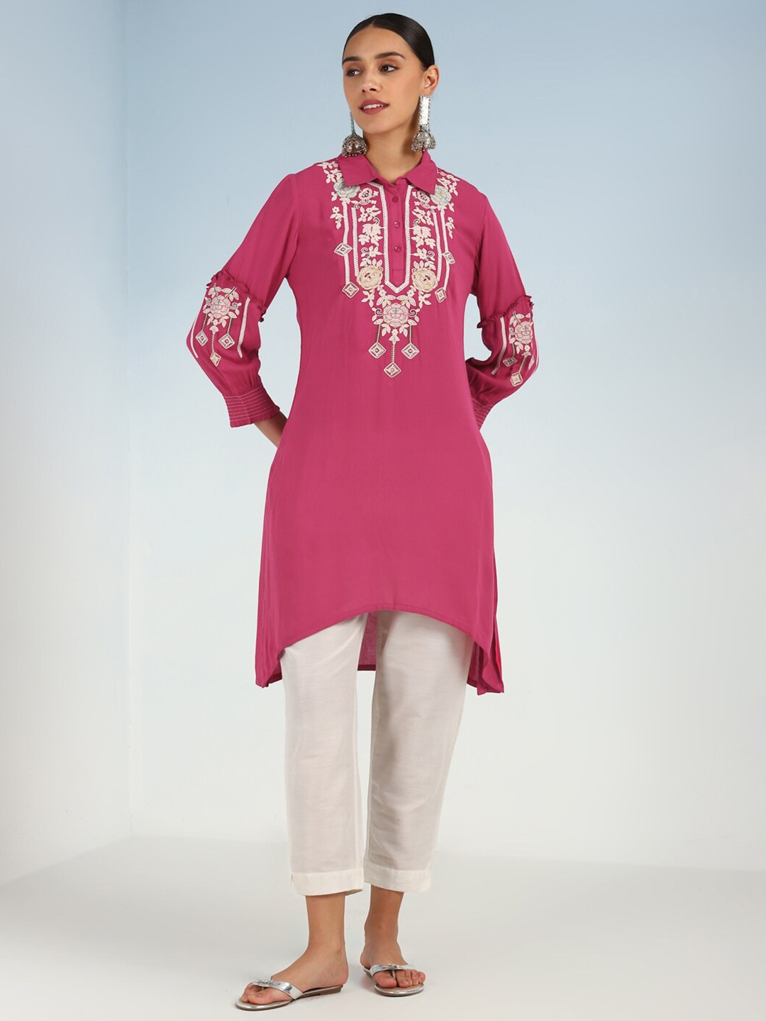 

Lakshita Ethnic Motifs Embroidered High-Low Shirt Collar A-Line Kurta, Pink