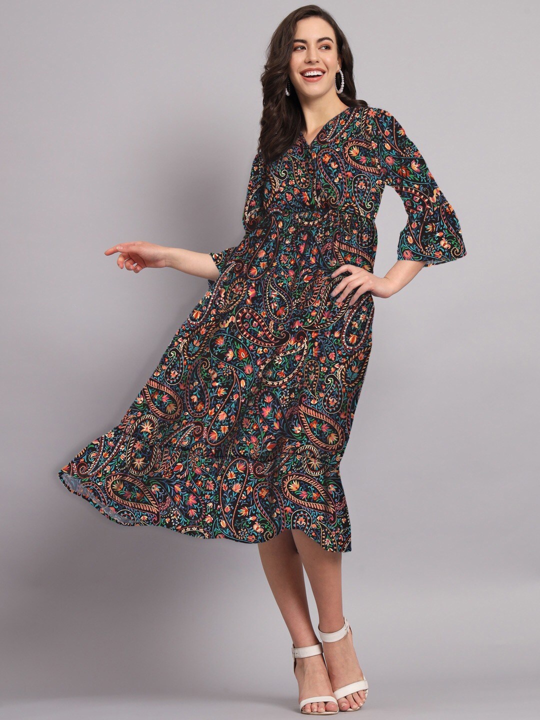 

The Dry State Ethnic Printed V-Neck Bell Sleeve Gathered Tiered Fit & Flare Midi Dress, Black