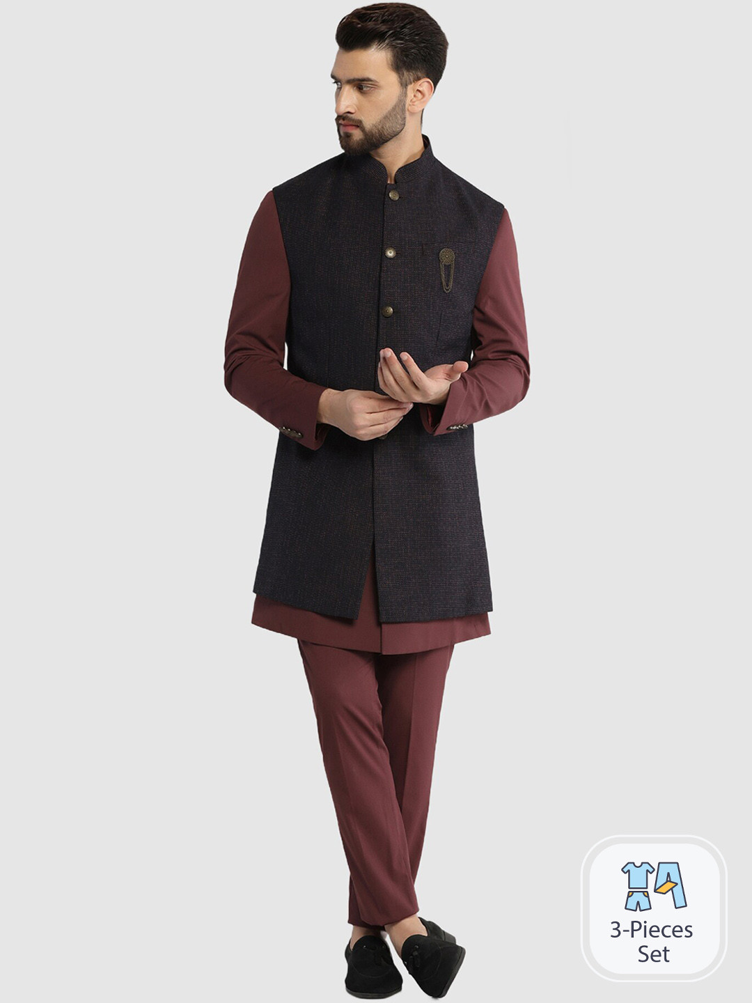 

Blackberrys Longline Three-Piece Bandhgala Suit with Nehru Jacket, Maroon