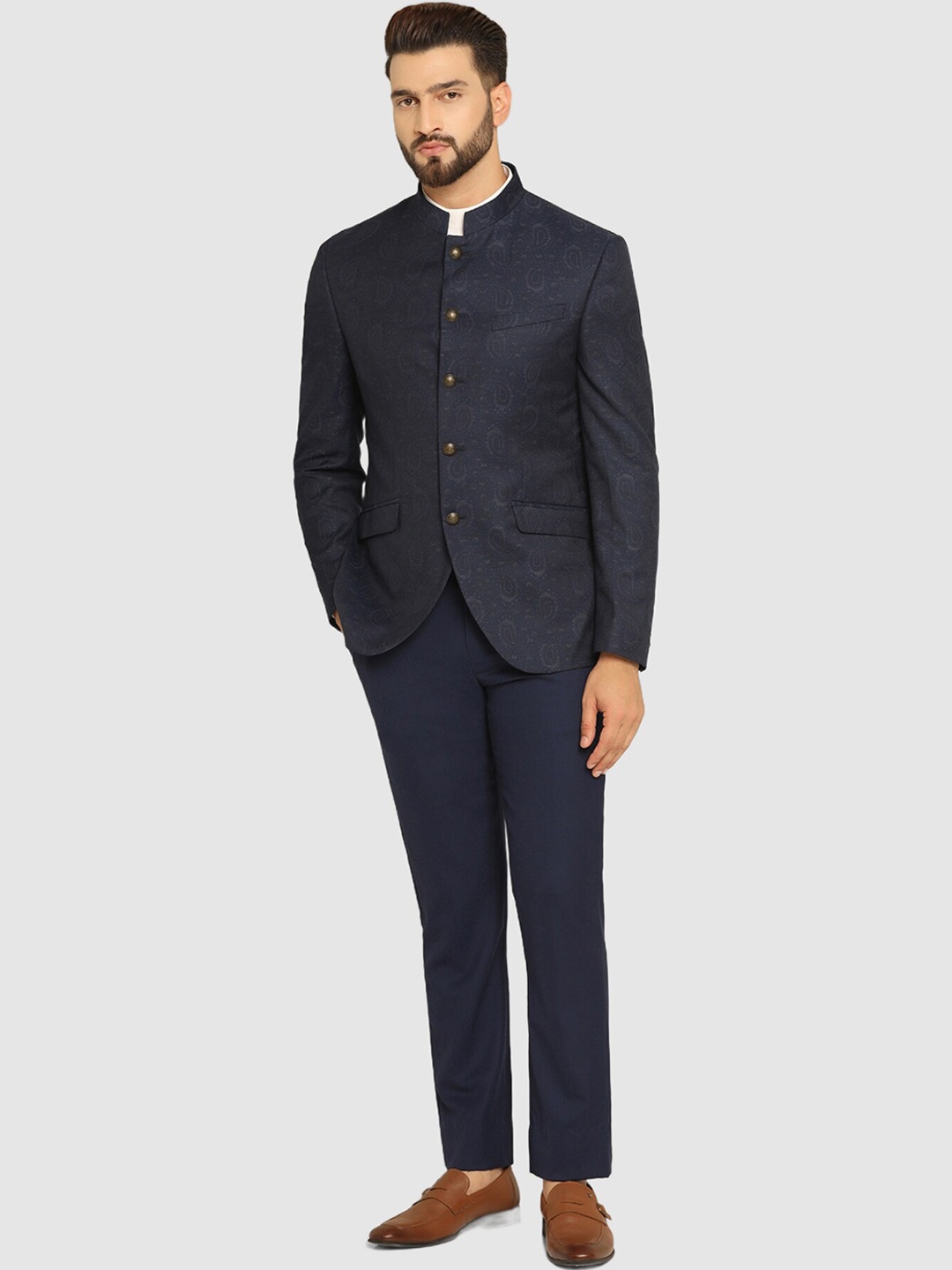 

Blackberrys Woven Design Slim-Fit Two-Piece Bandhgala Suit, Navy blue