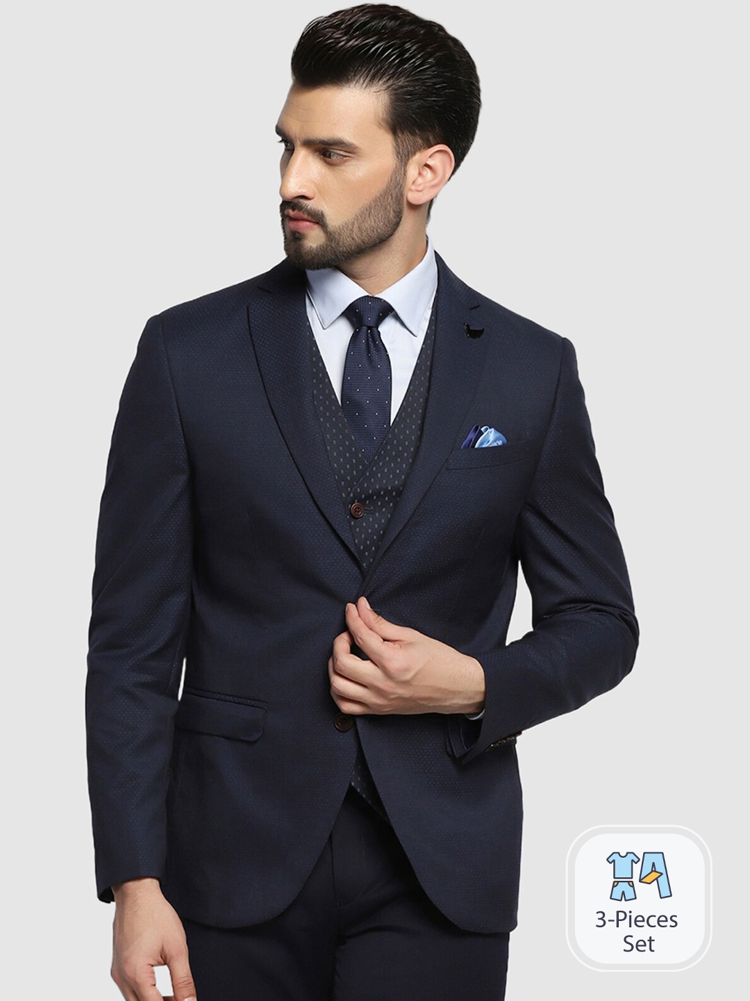 

Blackberrys Self Design Slim-Fit Three-Piece Formal Suit, Navy blue