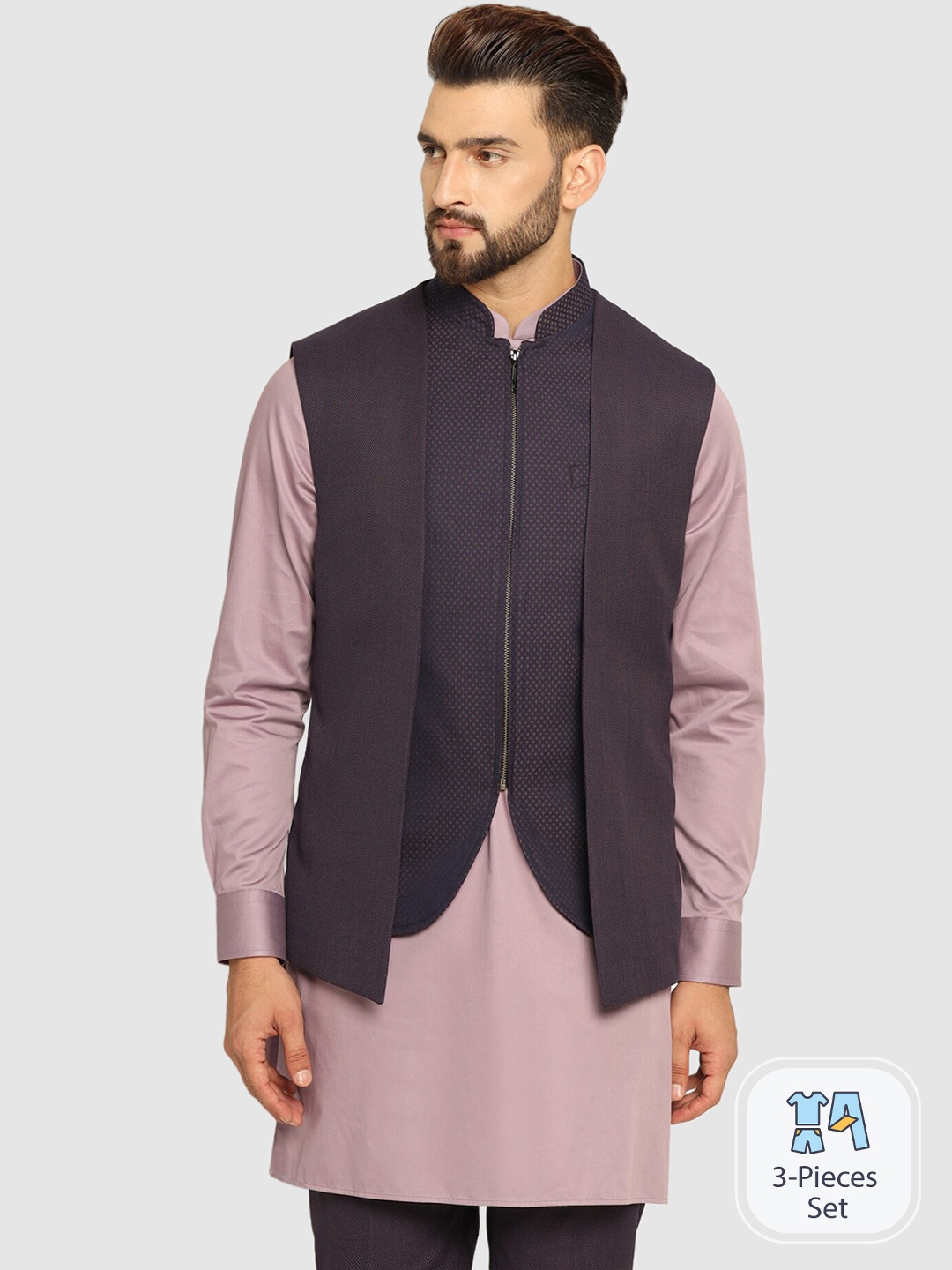 

Blackberrys Longline Four-Piece Bandhgala Suit with Nehru Jacket, Purple