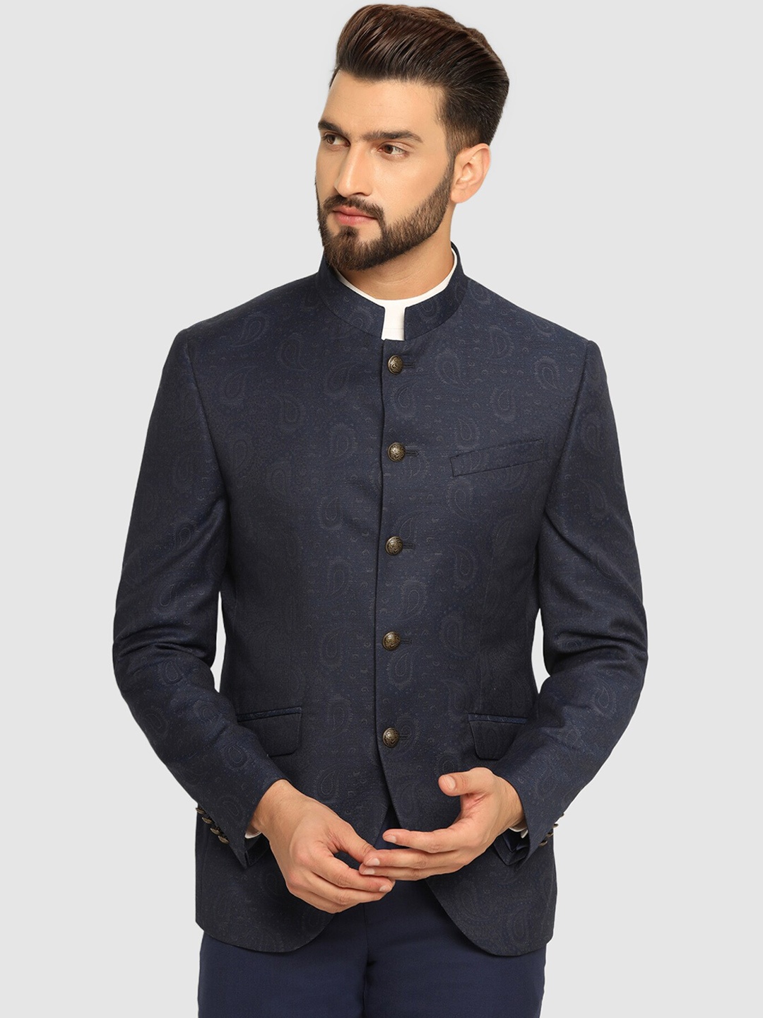 

Blackberrys Woven Design Slim-Fit Two-Piece Bandhgala Suit, Navy blue
