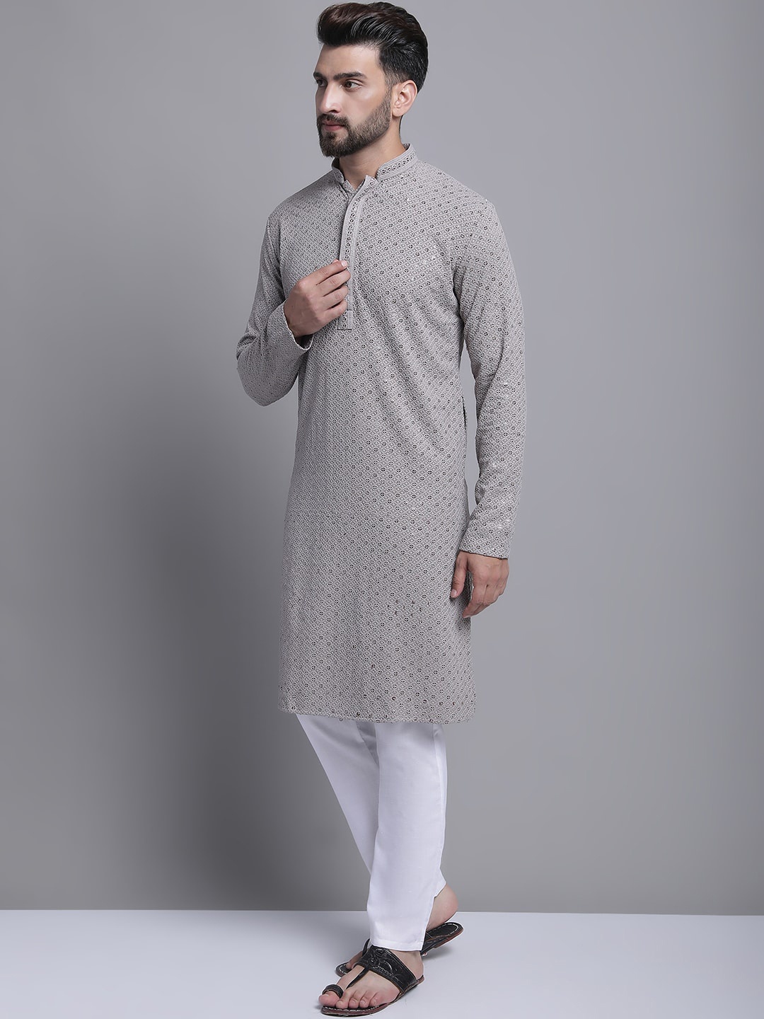 

Molly & Michel Ethnic Motifs Embroidered Sequinned Kurta With Pyjamas, Grey