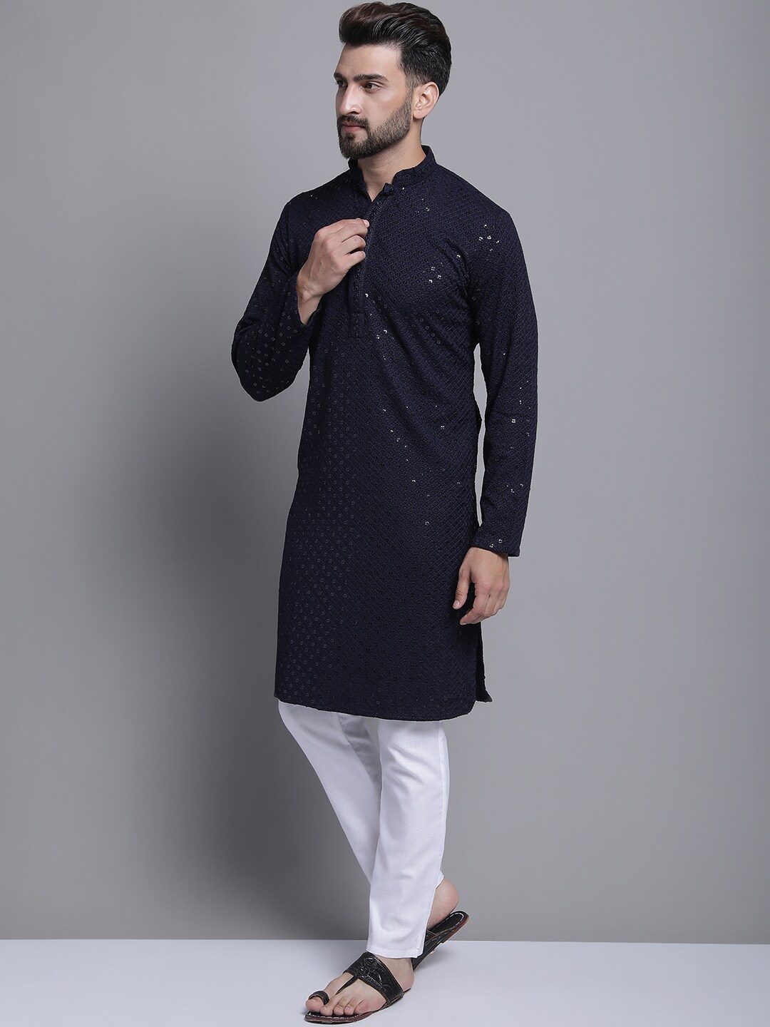 

Molly & Michel Ethnic Motifs Embroidered Sequinned Kurta With Pyjamas, Navy blue