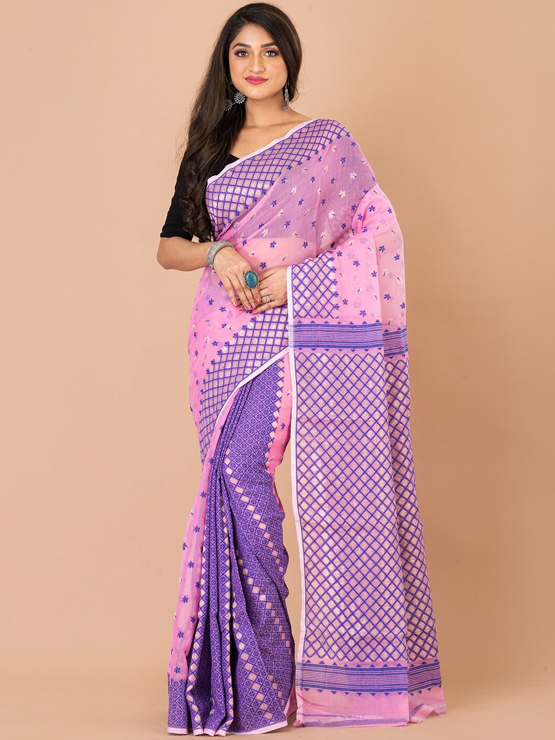 

Laa Calcutta Ethnic Motifs Printed Silk Cotton Jamdani Saree, Pink