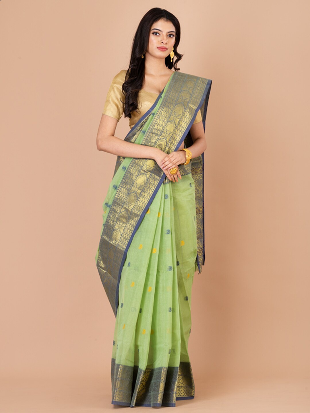 

Laa Calcutta Ethnic Motifs Woven Design Zari Pure Cotton Taant Saree, Green