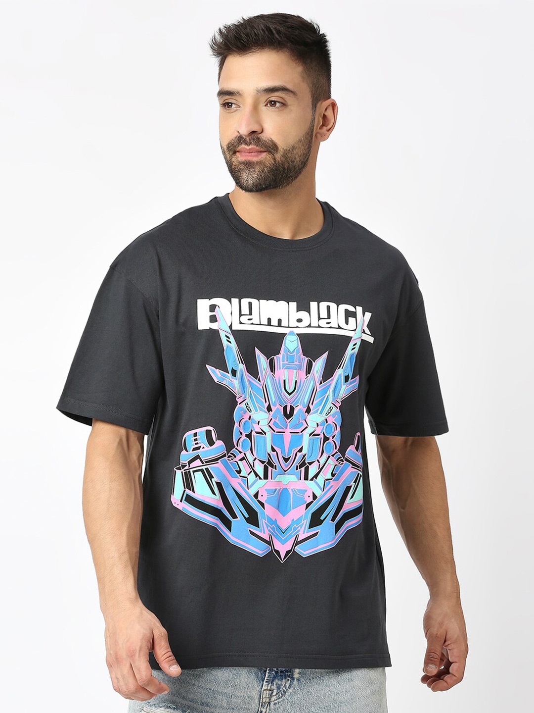 

Blamblack Oversized Typography Printed Pure Cotton T-shirt, Grey