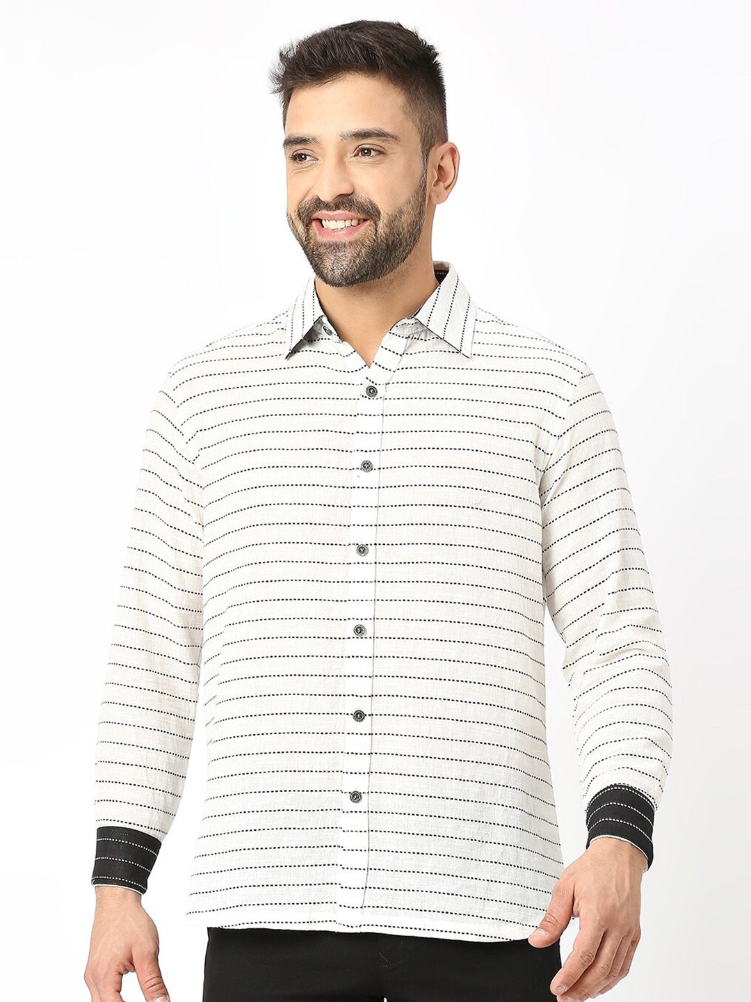 

Blamblack Relaxed Horizontal Stripes Cotton Striped Casual Shirt, White