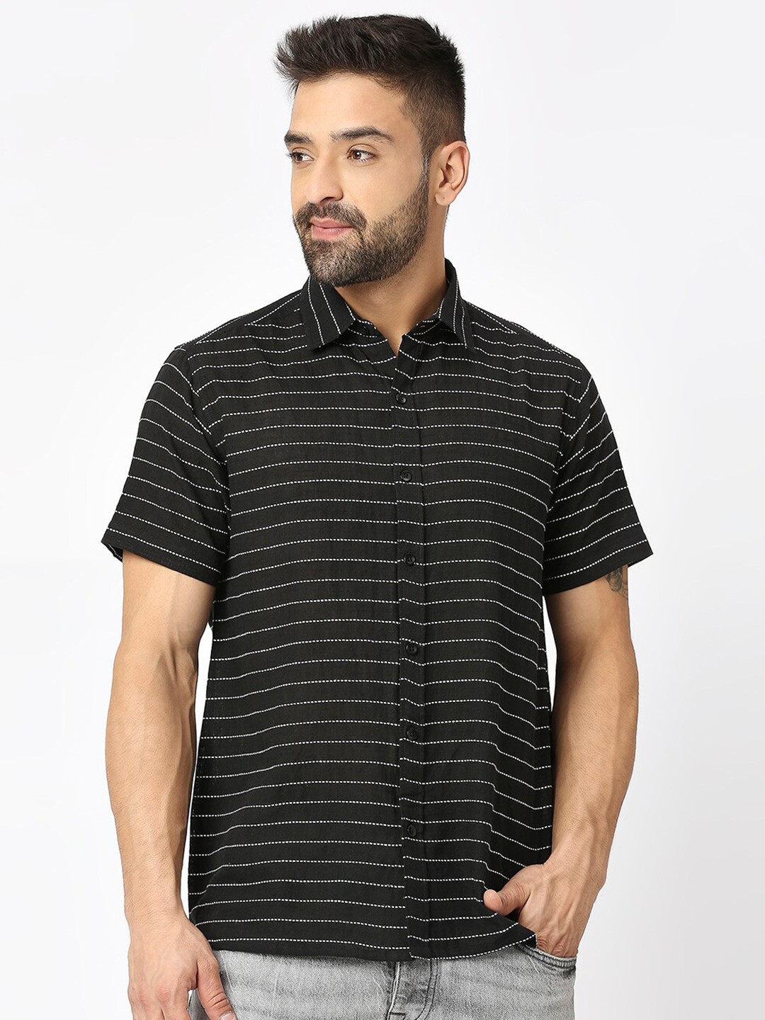 

Blamblack Relaxed Horizontal Stripes Cotton Striped Casual Shirt, Black
