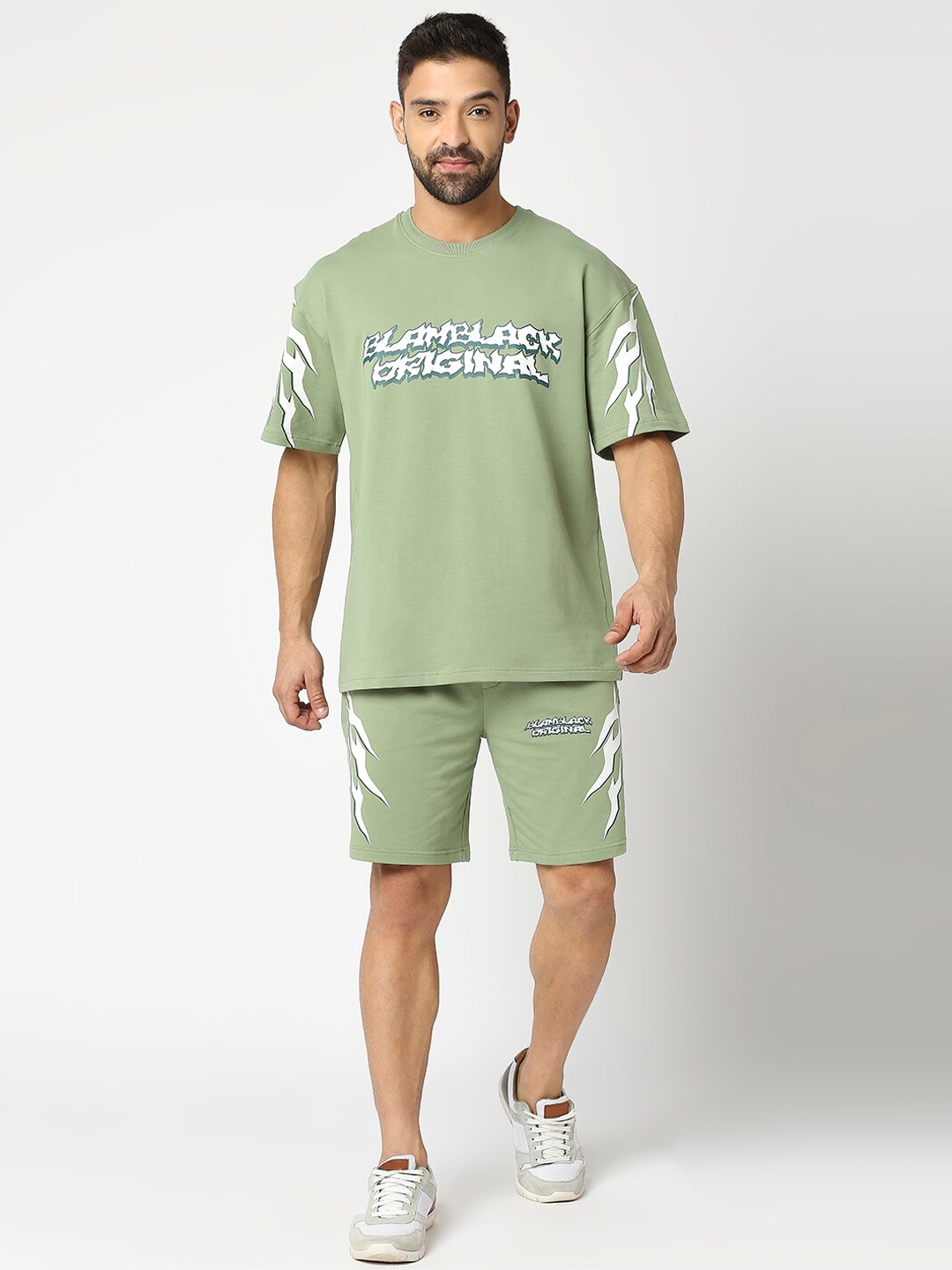 Blamblack Typography Printed Oversized T-Shirt & Shorts, Green