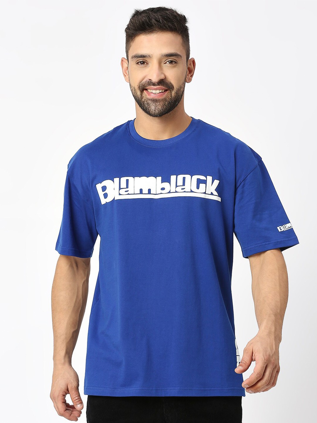 

Blamblack Oversized Typography Printed Cotton T-shirt, Blue
