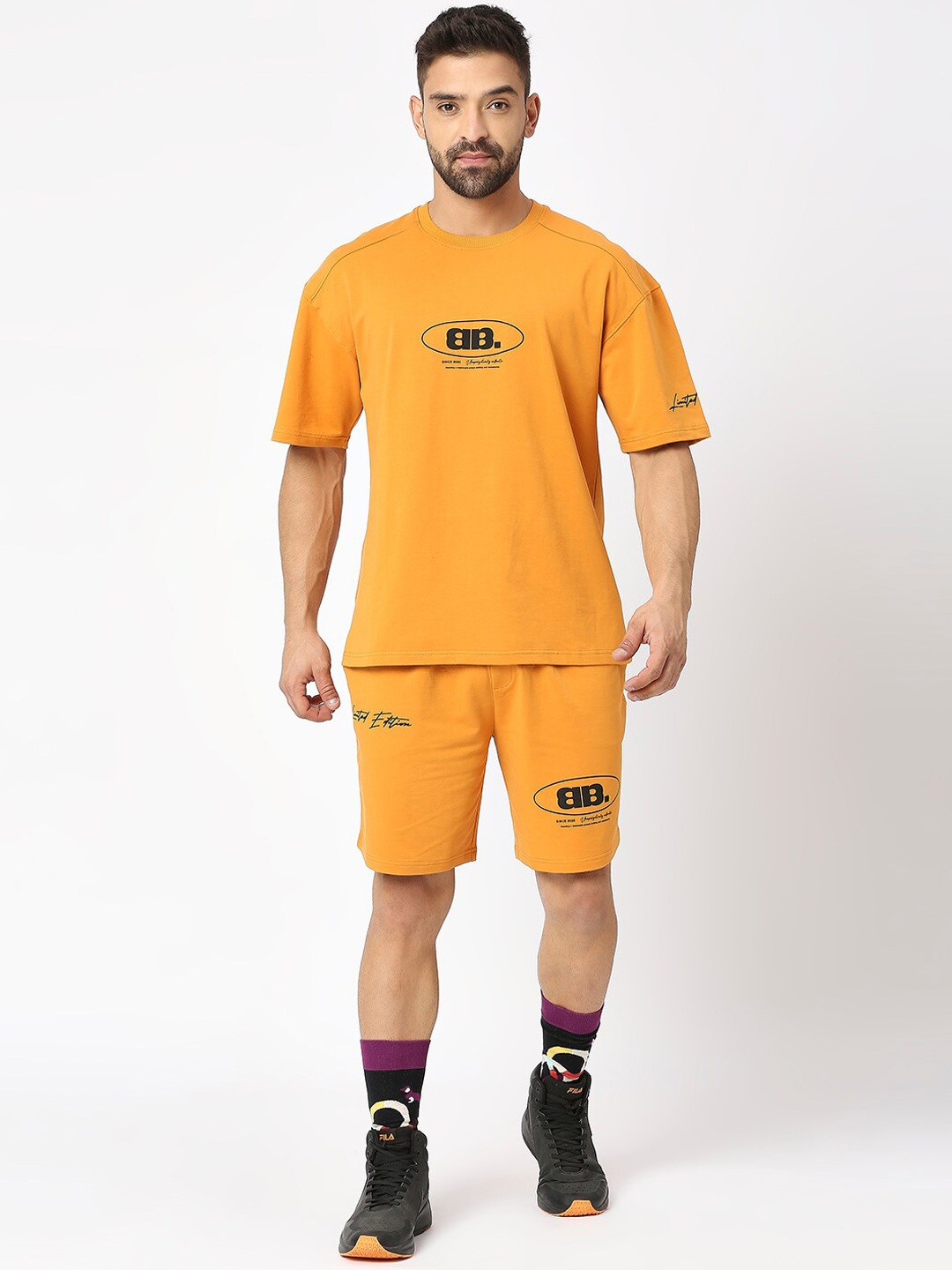 Blamblack Typography Printed Oversized T-Shirt & Shorts, Mustard