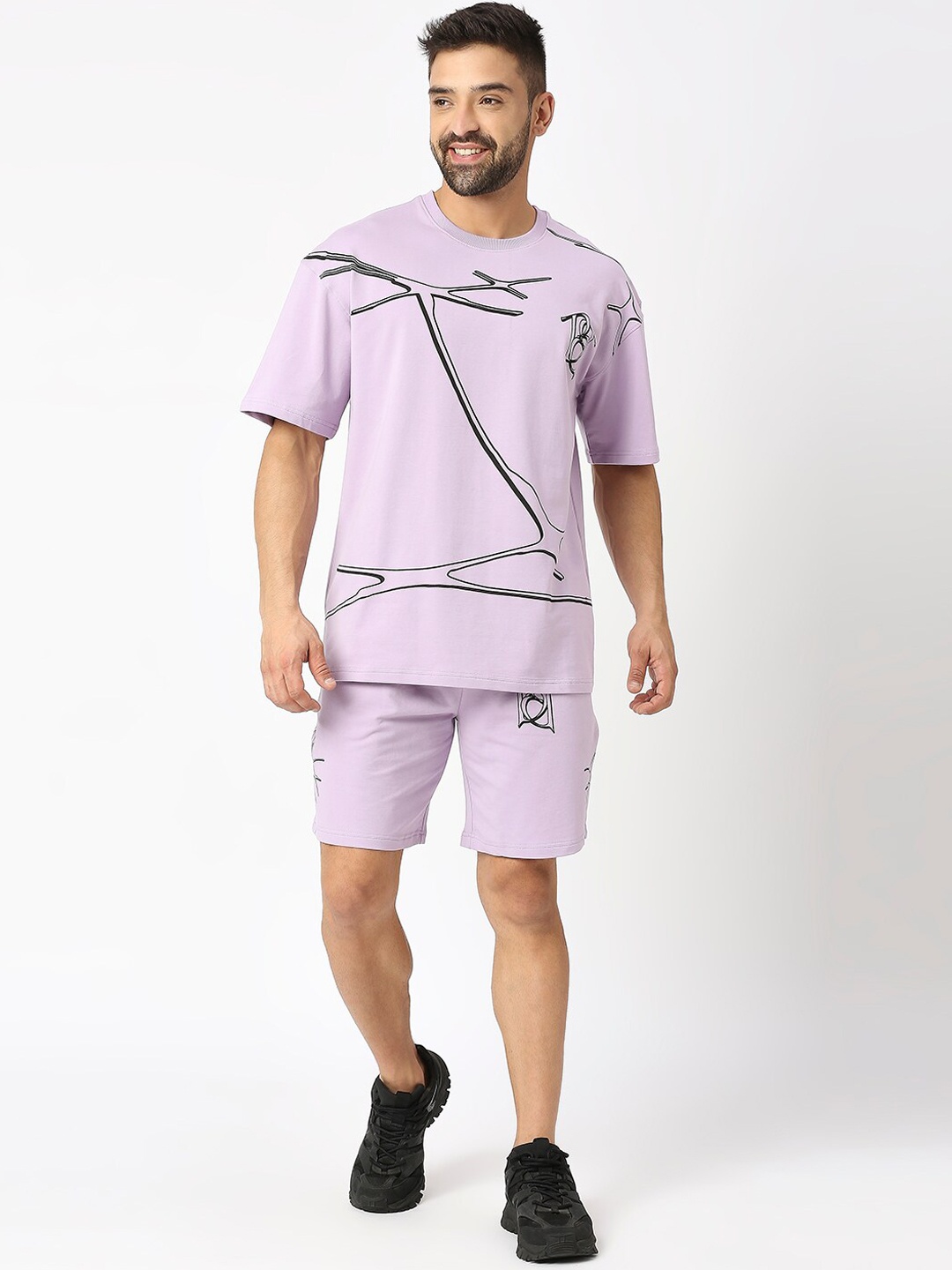 Blamblack Abstract Printed Oversized T-Shirt & Shorts, Purple