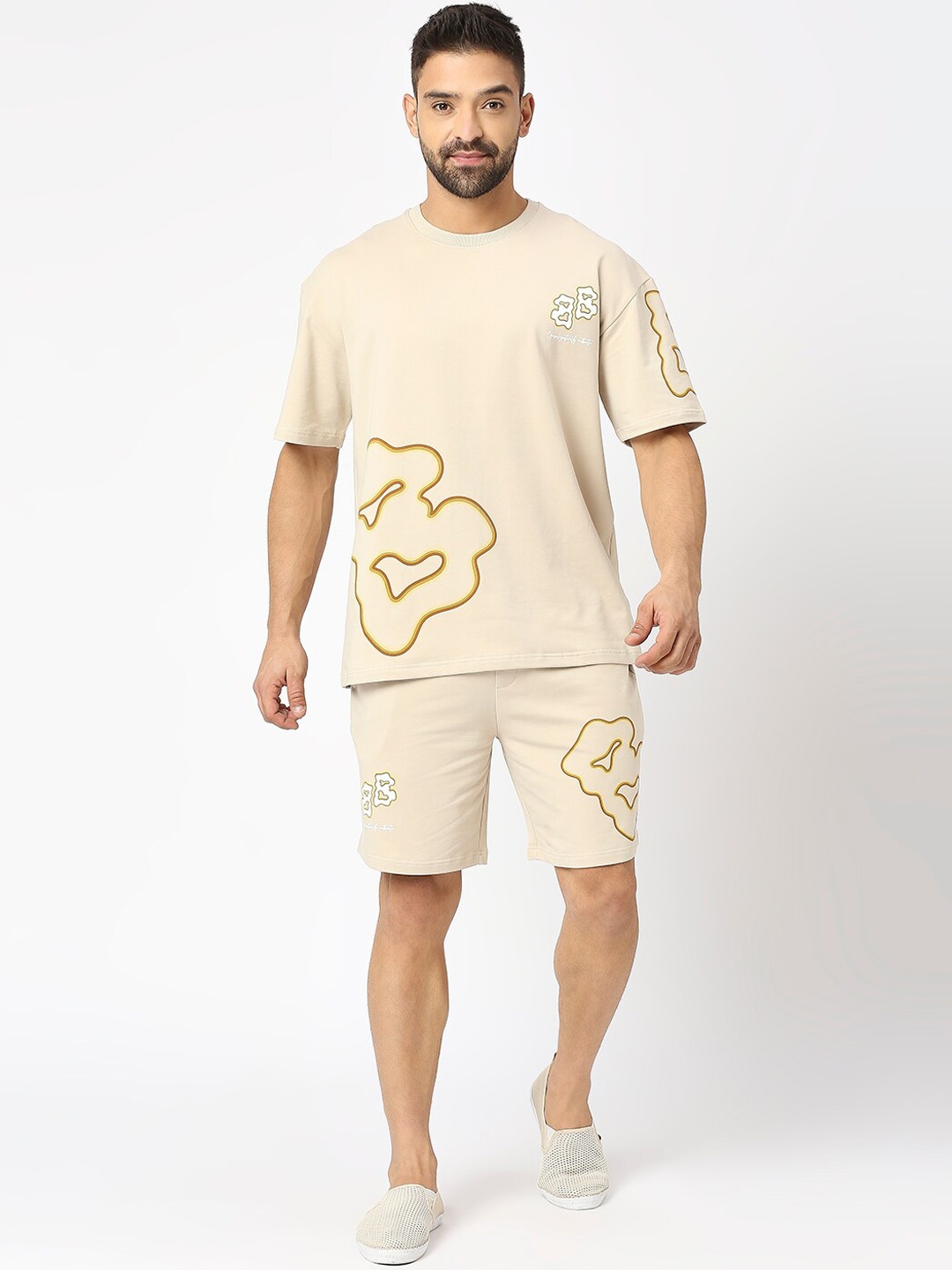 Blamblack Graphic Printed Oversized T-Shirt & Shorts Co-Ords, Beige