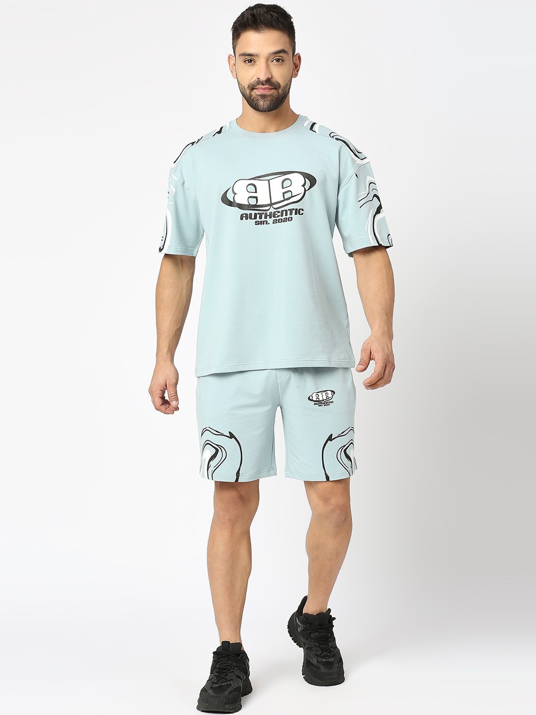 

Blamblack Typography Printed Oversized T-Shirt & Shorts, Blue