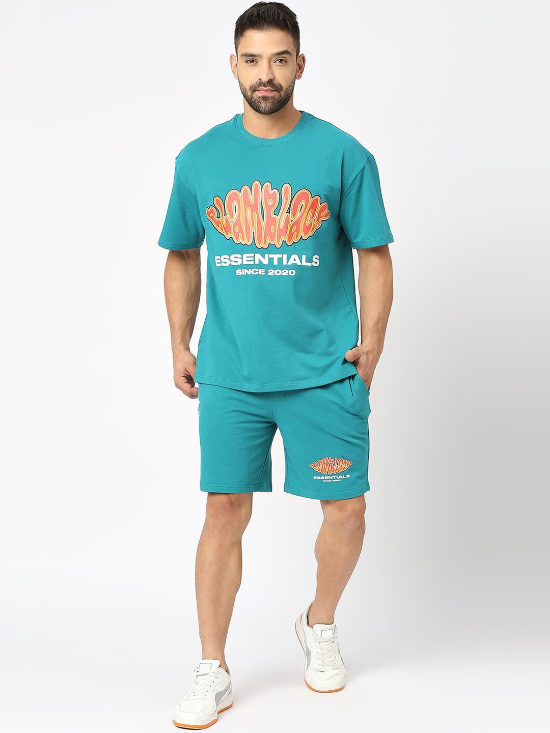 

Blamblack Typography Printed Oversized T-Shirt & Shorts, Teal