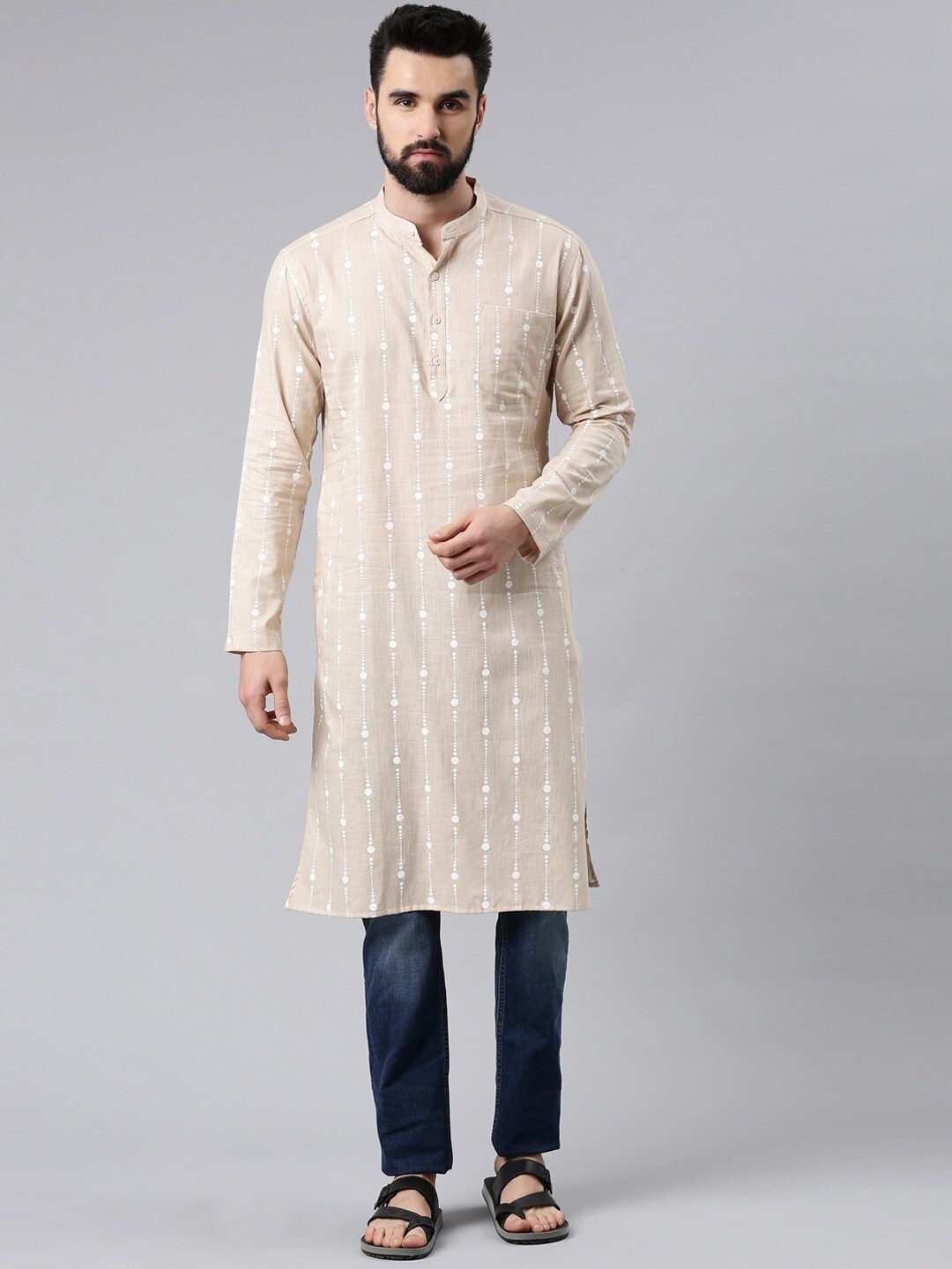 

Kryptic Geometric Printed Mandarin Collar Pure Cotton Kurta, Beige