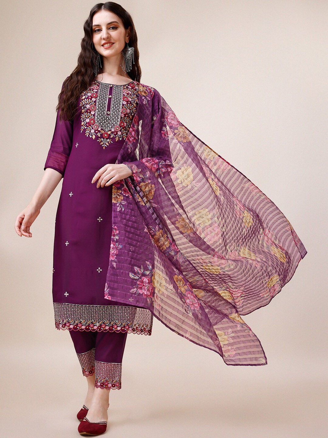 

Berrylicious Floral Embroidered Kurta With Trousers & Dupatta, Purple