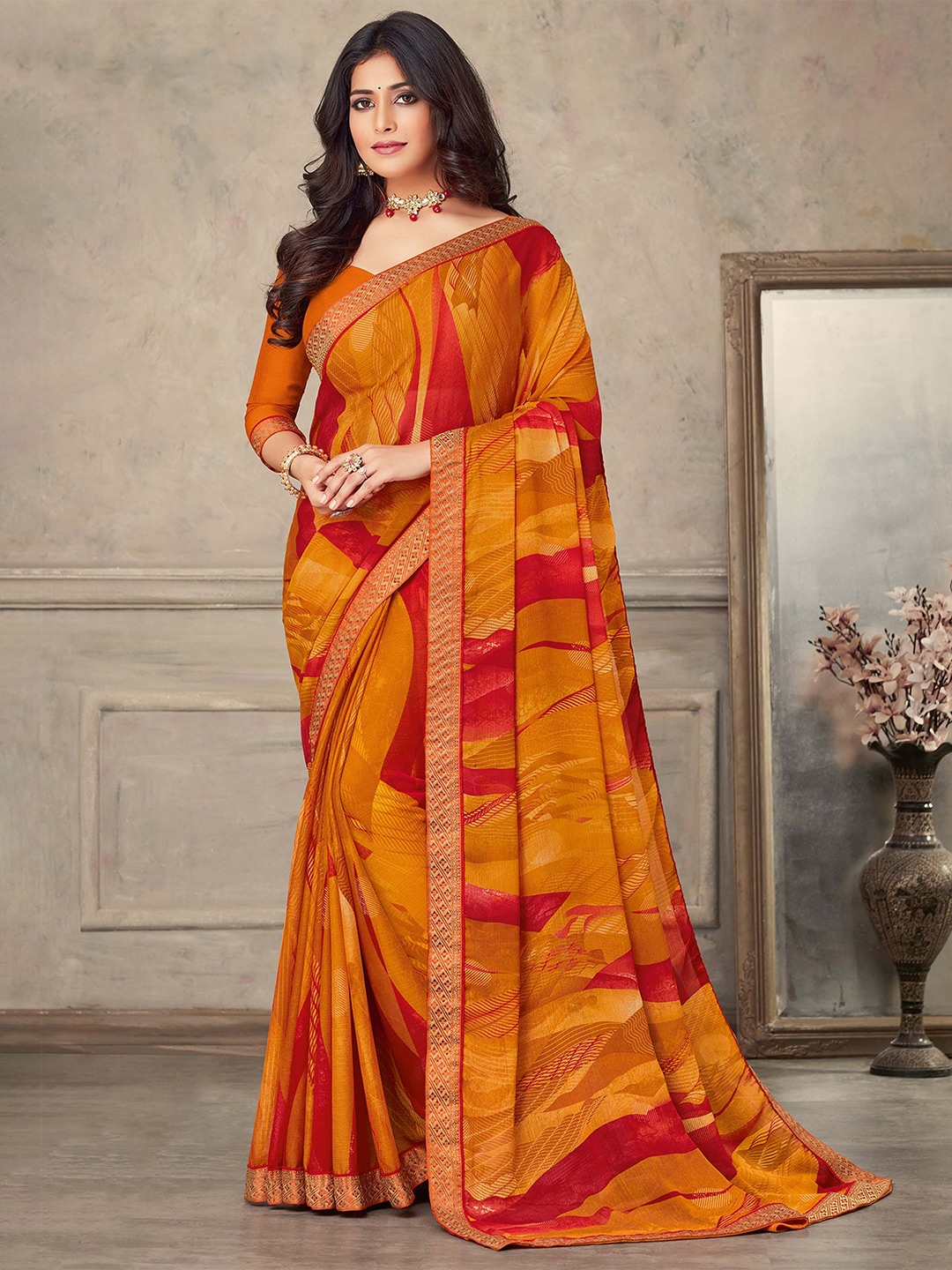 

Mitera Abstract Printed Saree, Mustard