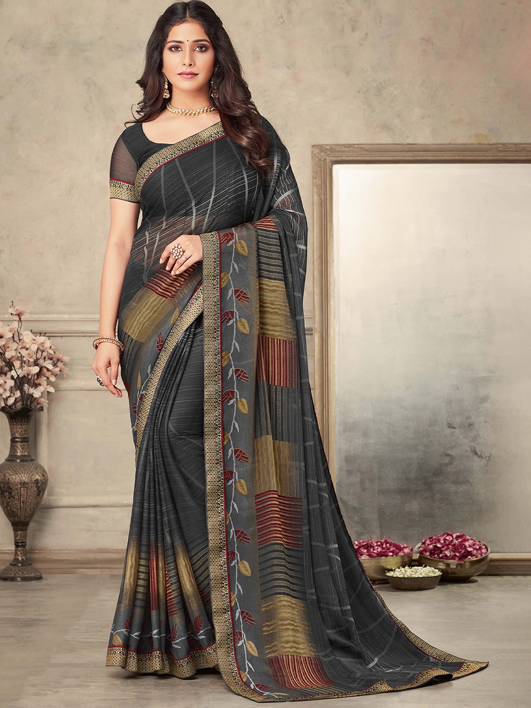

Mitera Striped Printed Zari Saree, Black