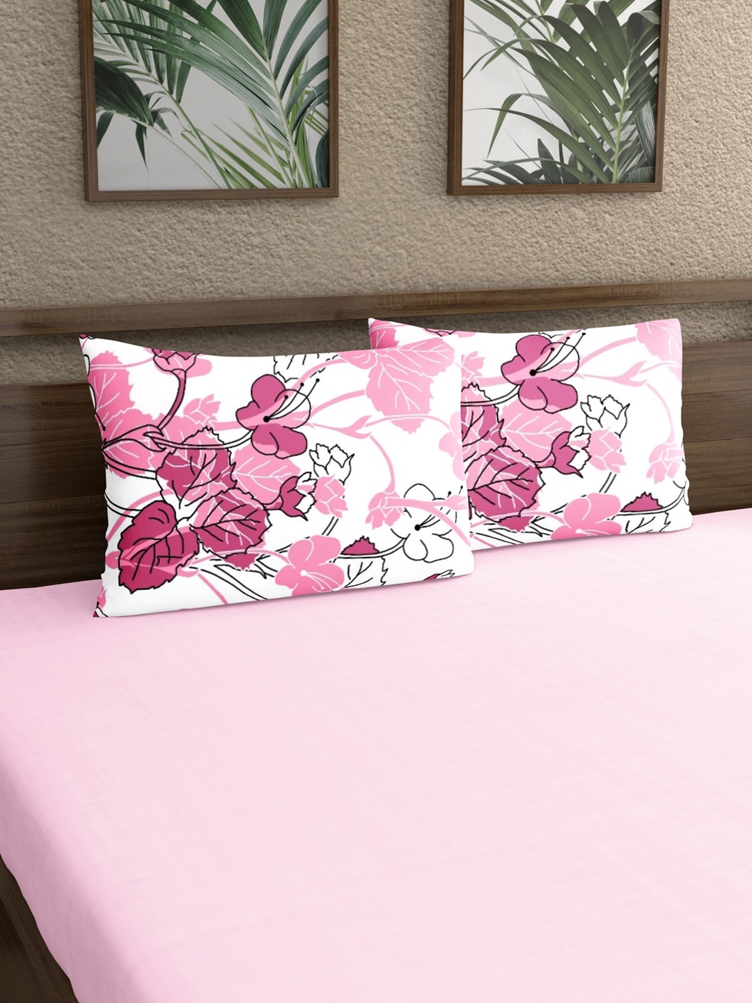 

Home Ecstasy White & Pink 2 Pieces Printed 140 TC Pure Cotton Pillow Covers