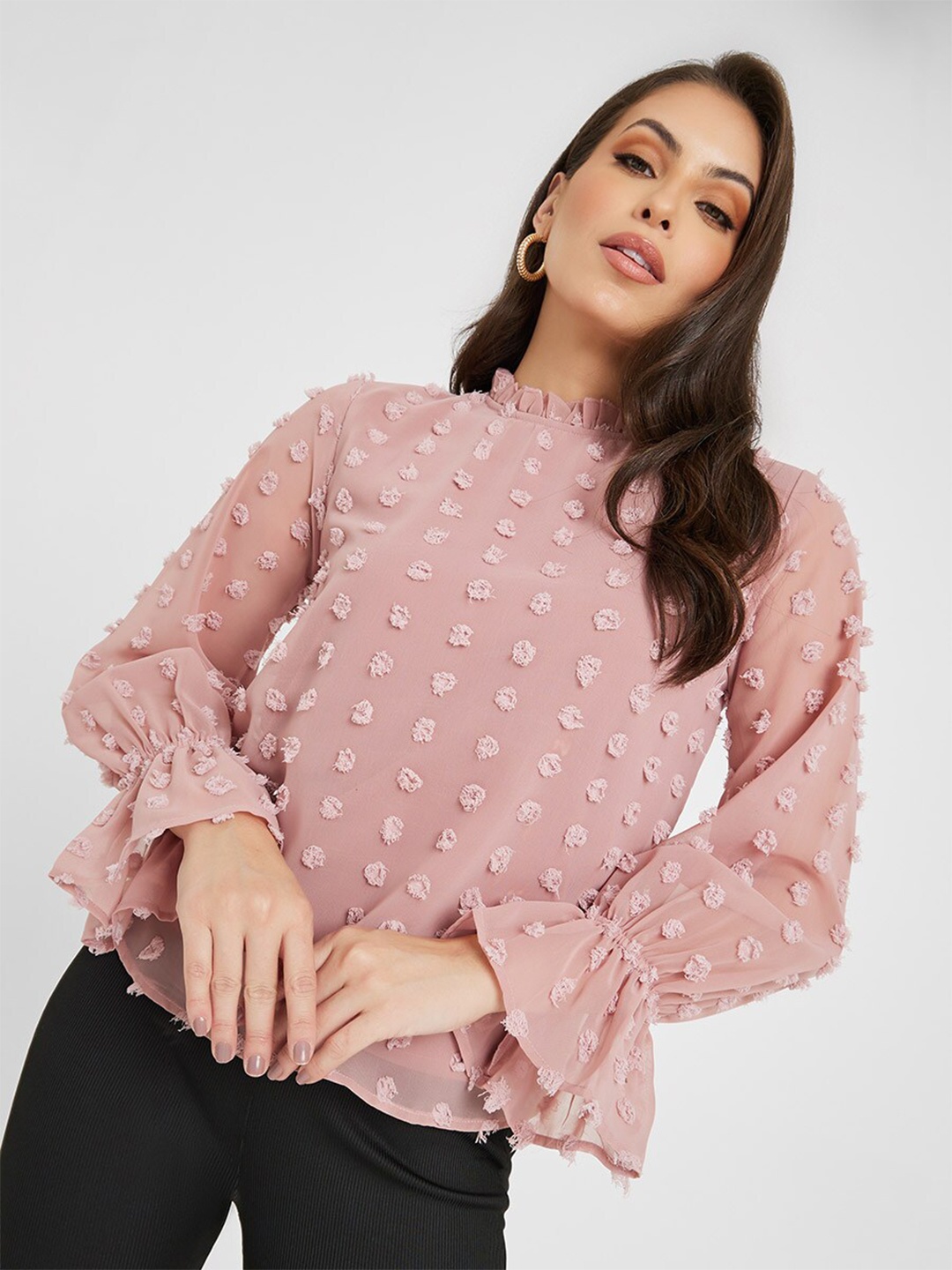 

Styli Self Design Bell Sleeves Ruffled High Neck Top, Pink