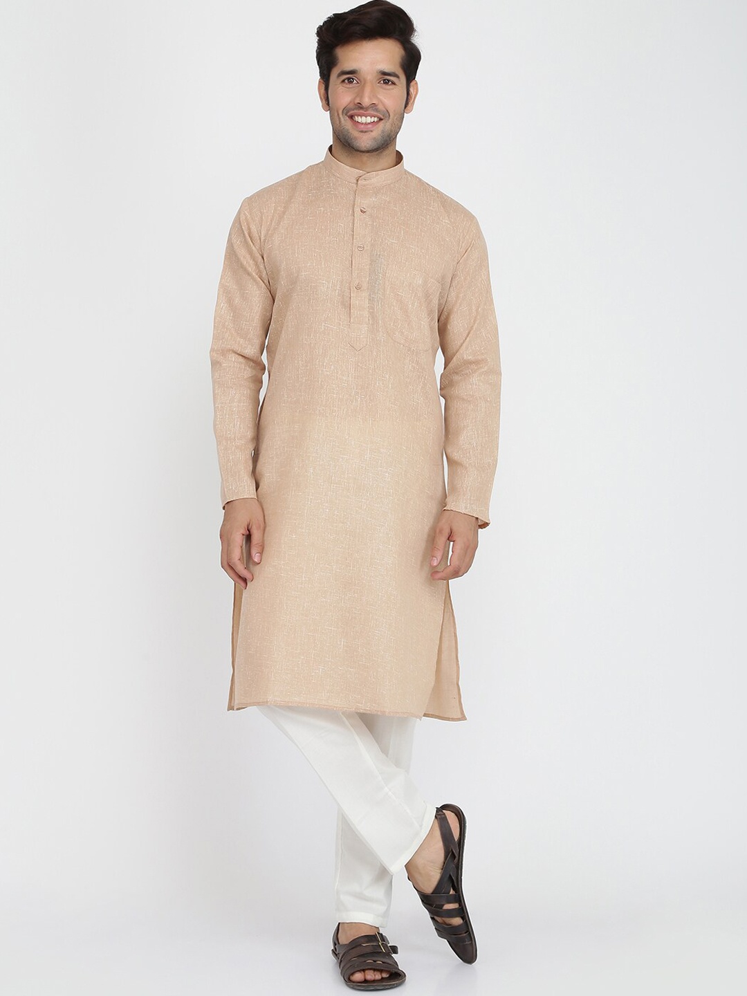 

ROYAL KURTA Cotton Mandarin Collar Kurtas, Brown