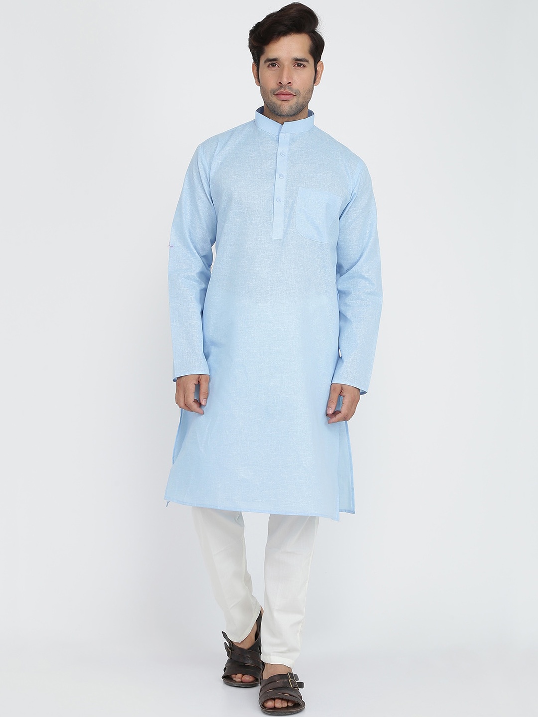 

ROYAL KURTA Mandarin Collar Straight Kurta & Pyjamas, Blue