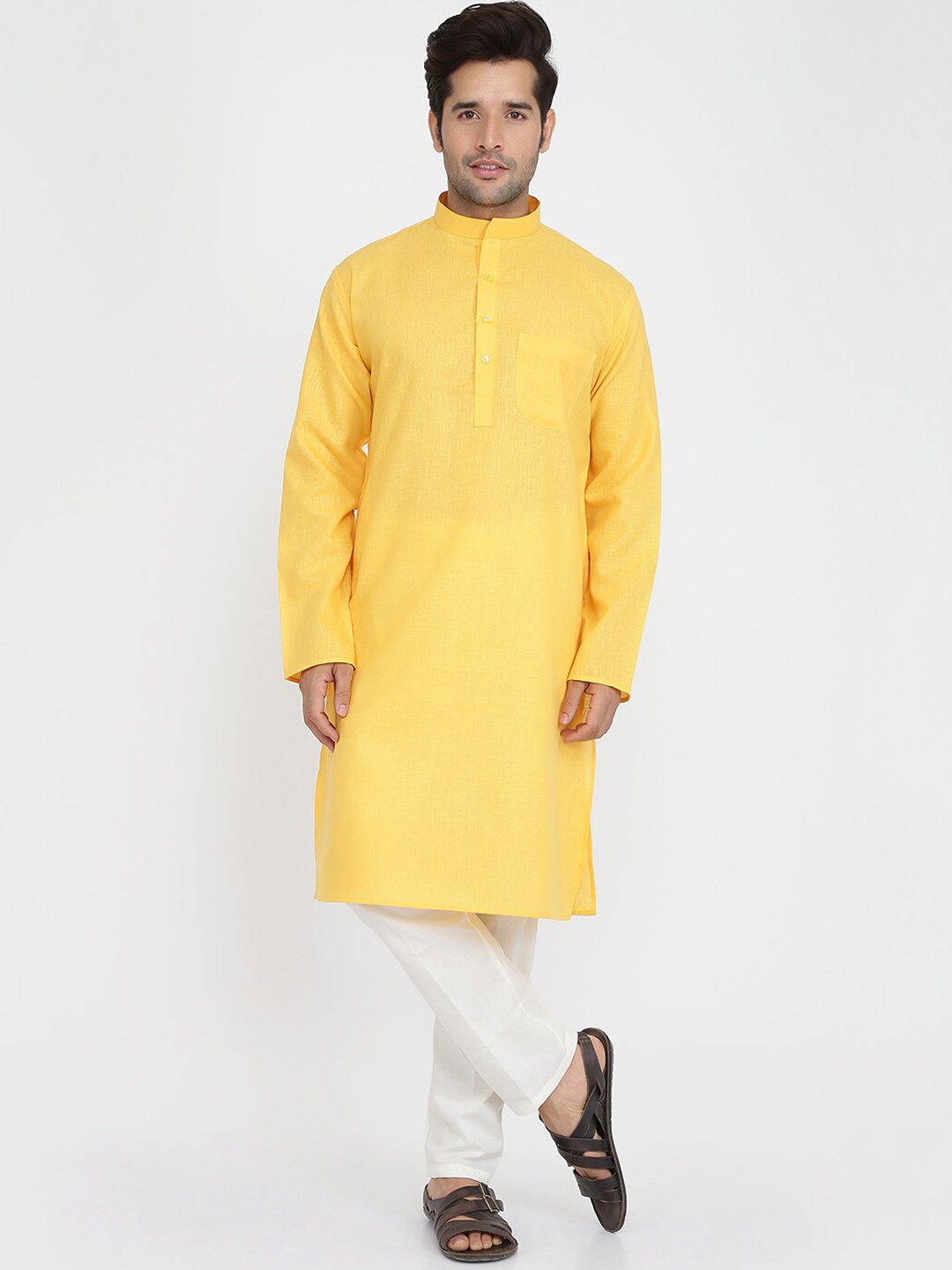 

ROYAL KURTA Mandarin Collar Regular Pure Cotton Kurta With Pyjama, Yellow