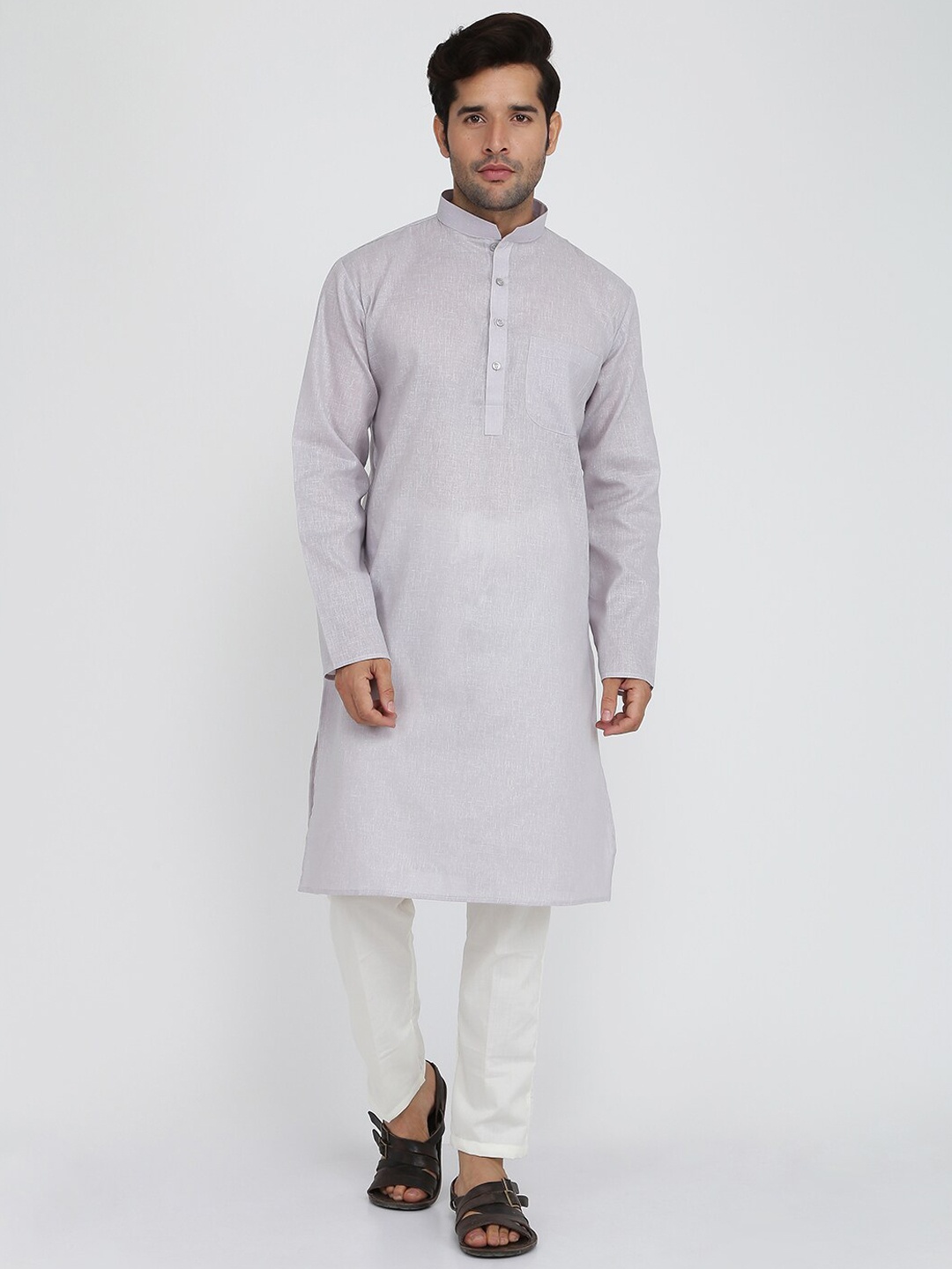 

ROYAL KURTA Mandarin Collar Pure Cotton Kurta with Pyjamas, Grey