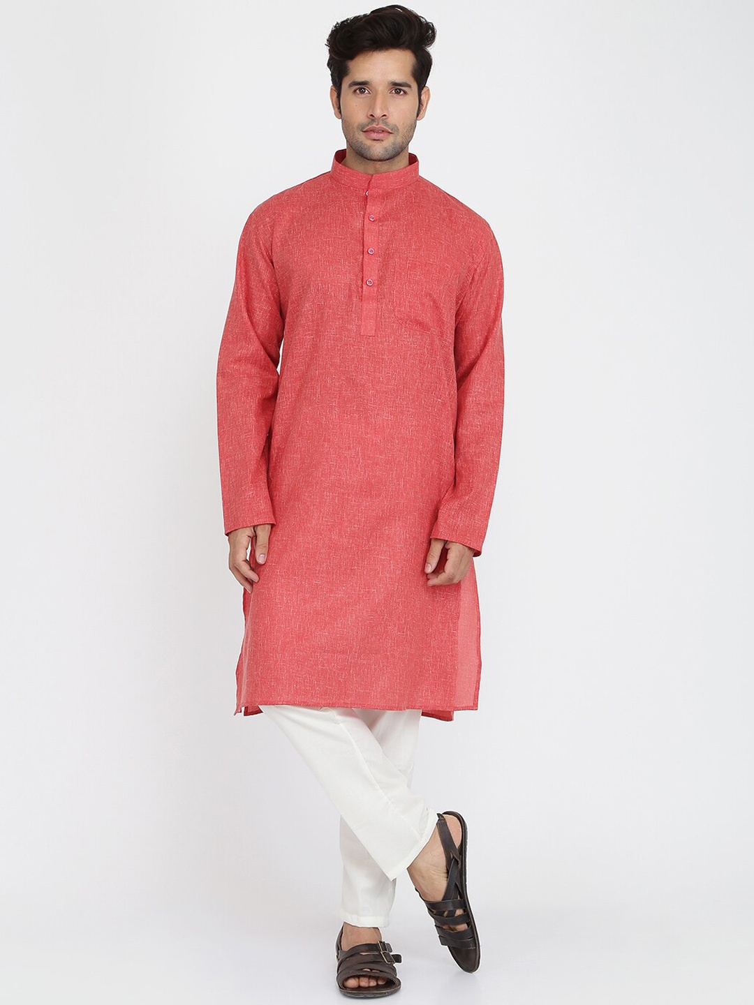 

ROYAL KURTA Mandarin Collar Regular Pure Cotton Kurta With Pyjamas, Maroon