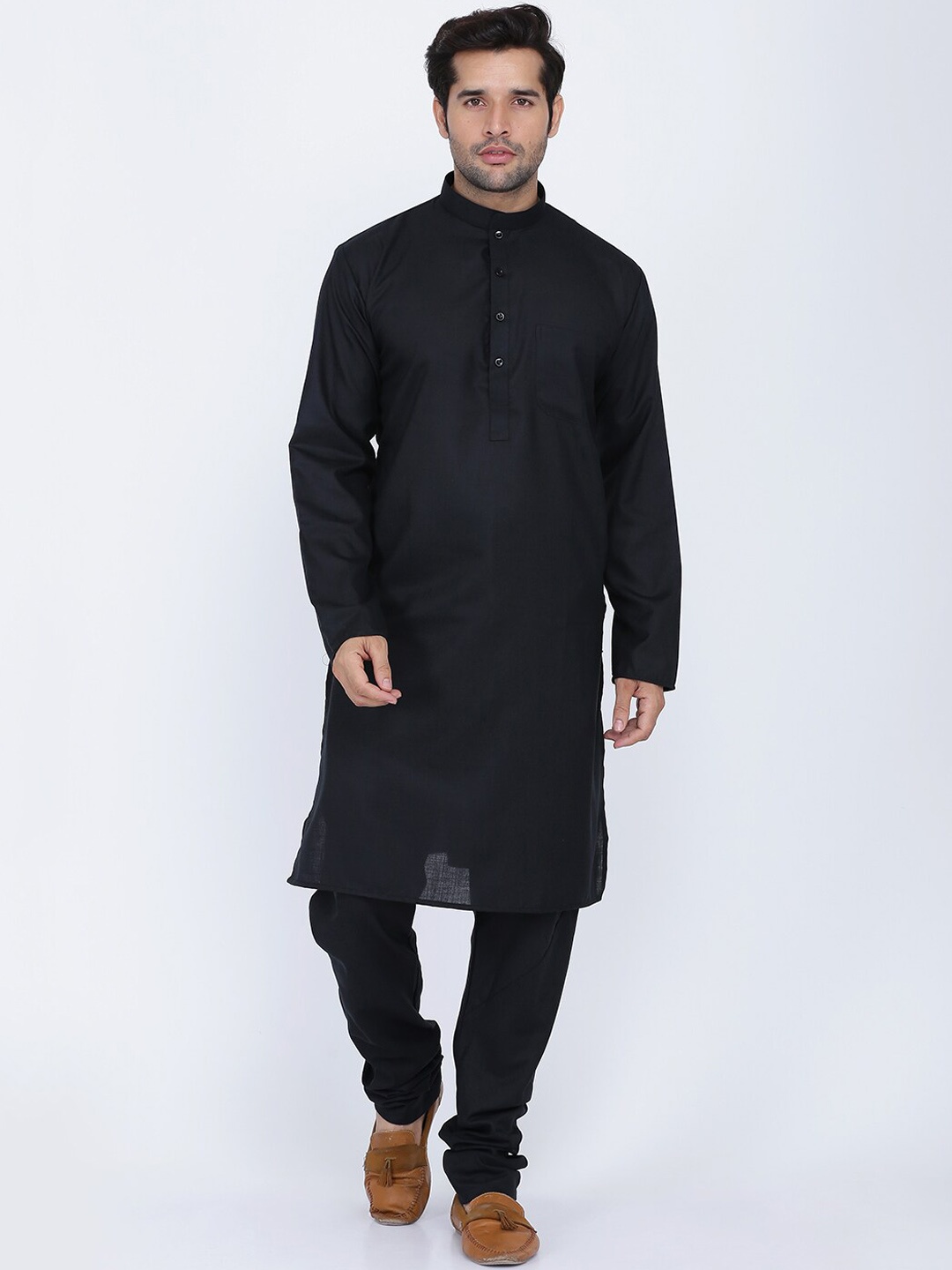

ROYAL KURTA Mandarin Collar Pure Cotton Kurta with Pyjamas, Black